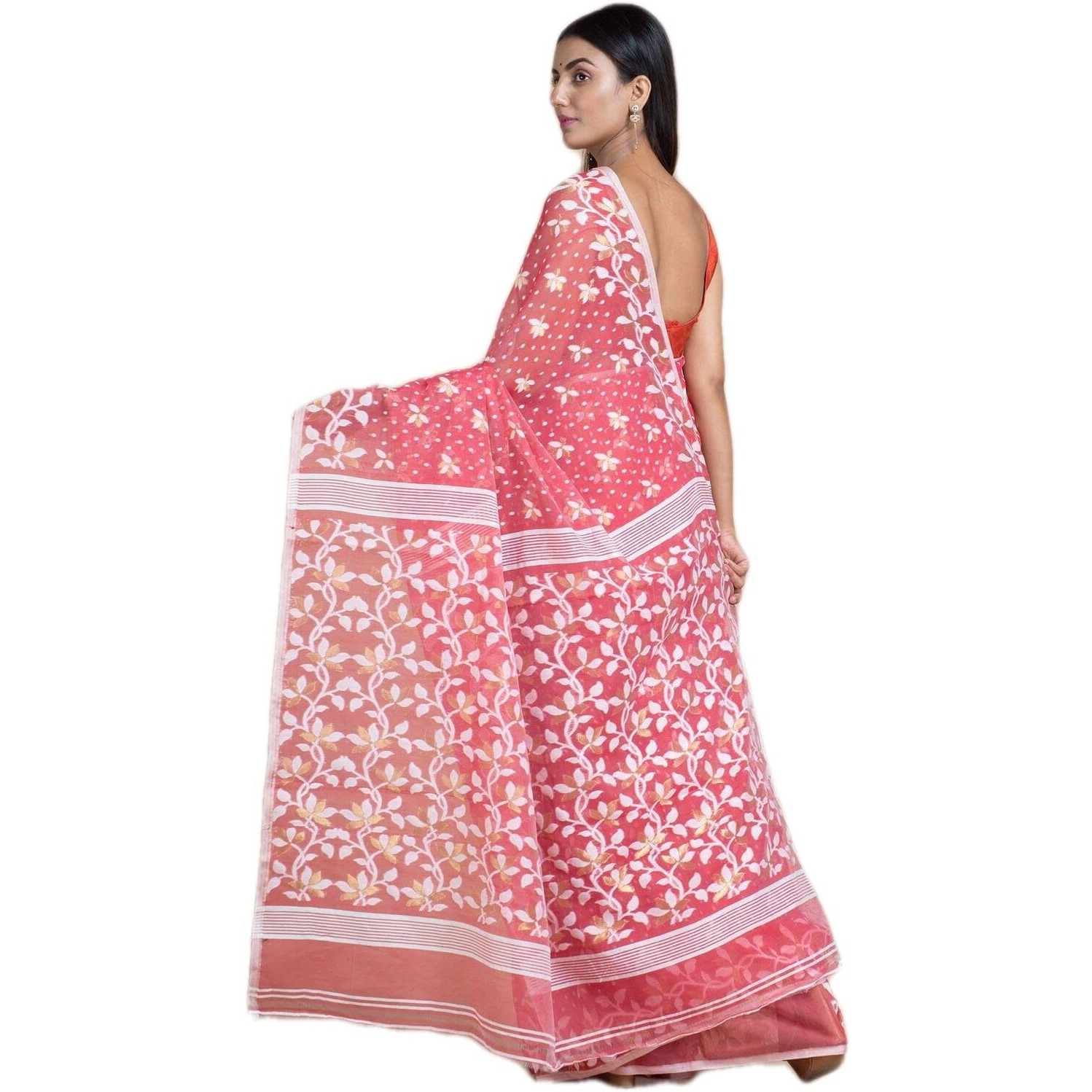 Laxmi Handloom Womens Traditional Bengal Cotton Silk Soft Jamdani Saree without Blouse Piece (Pink)