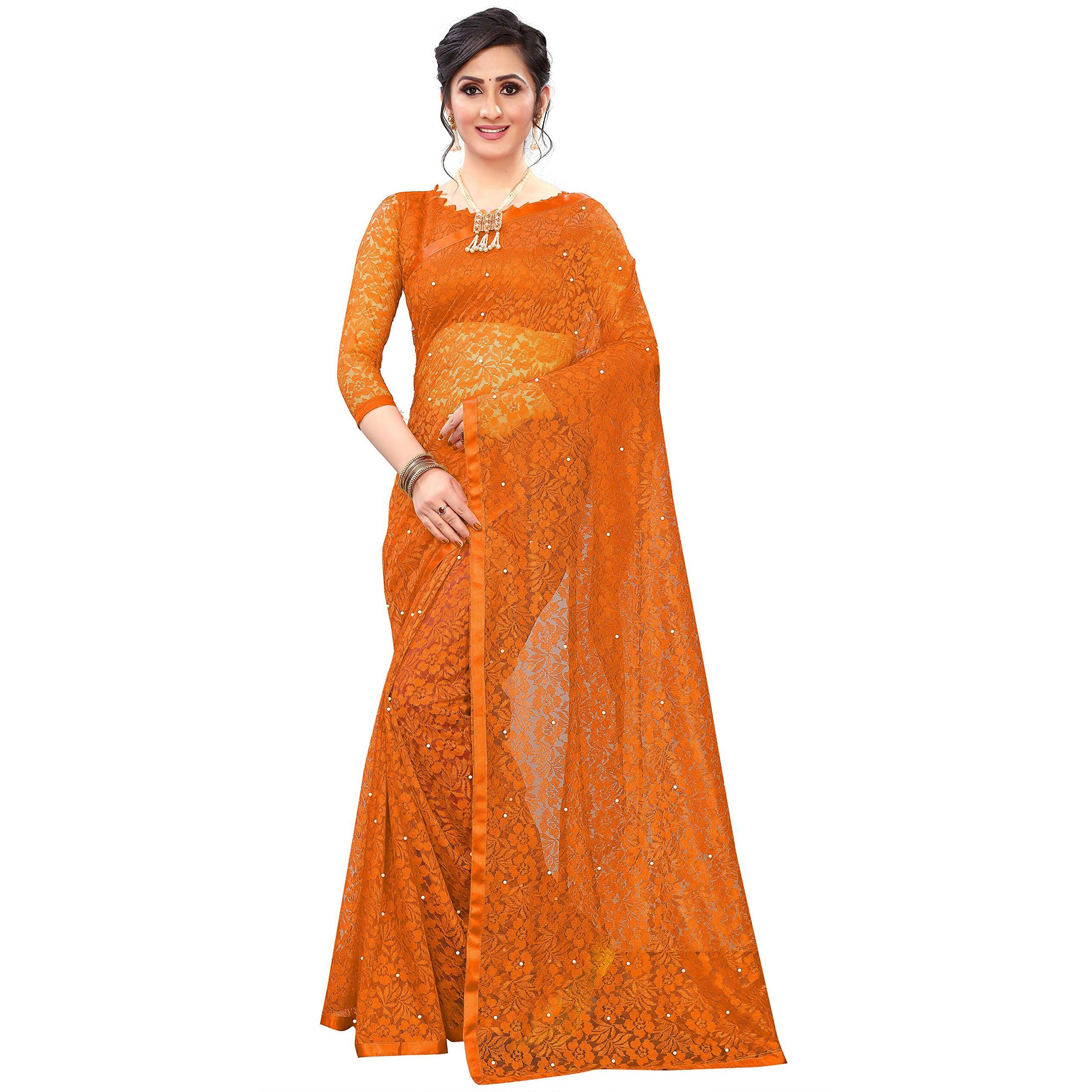 LOROFY Womens Net Saree (With Blouse_Free Size) (Orange)