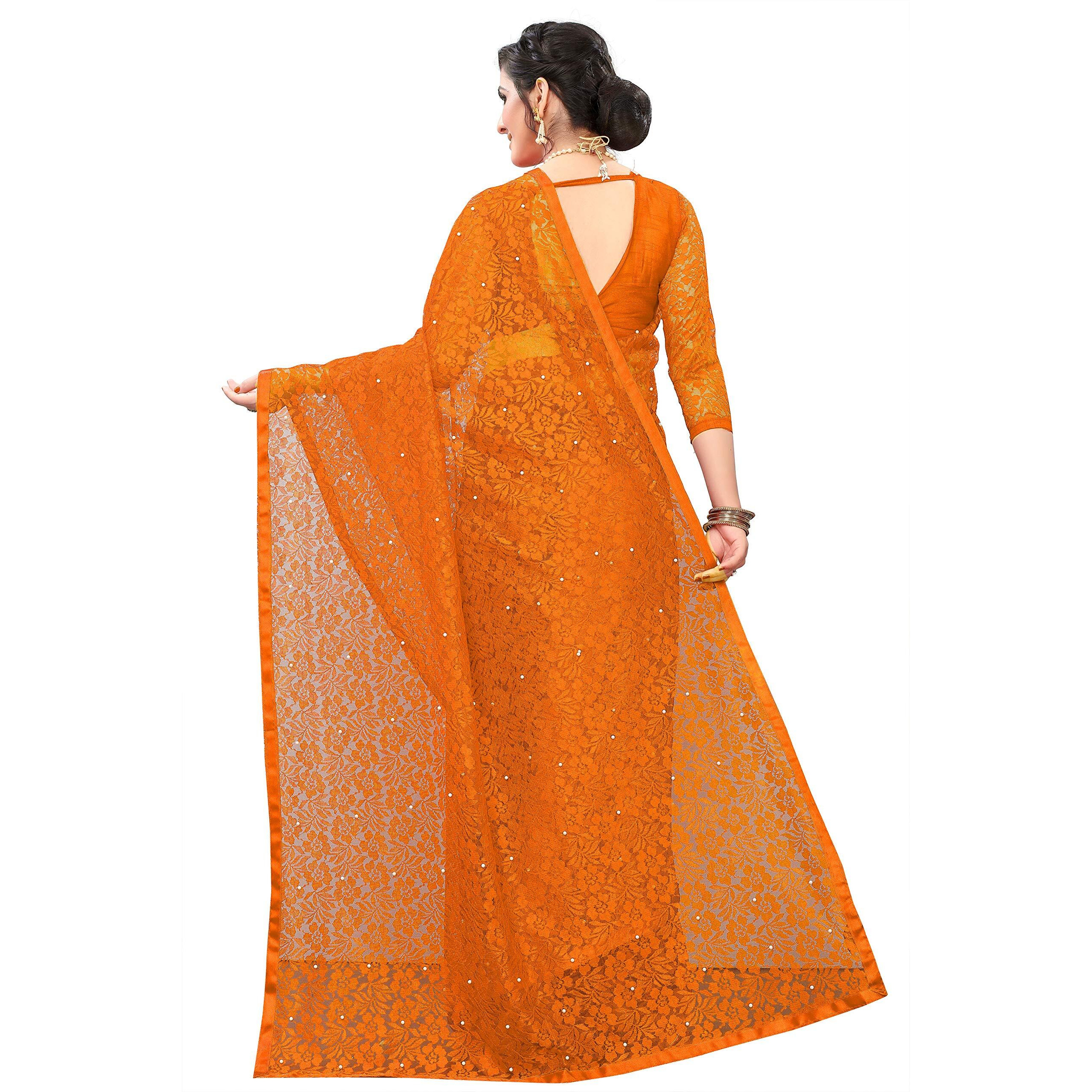 LOROFY Womens Net Saree (With Blouse_Free Size) (Orange)