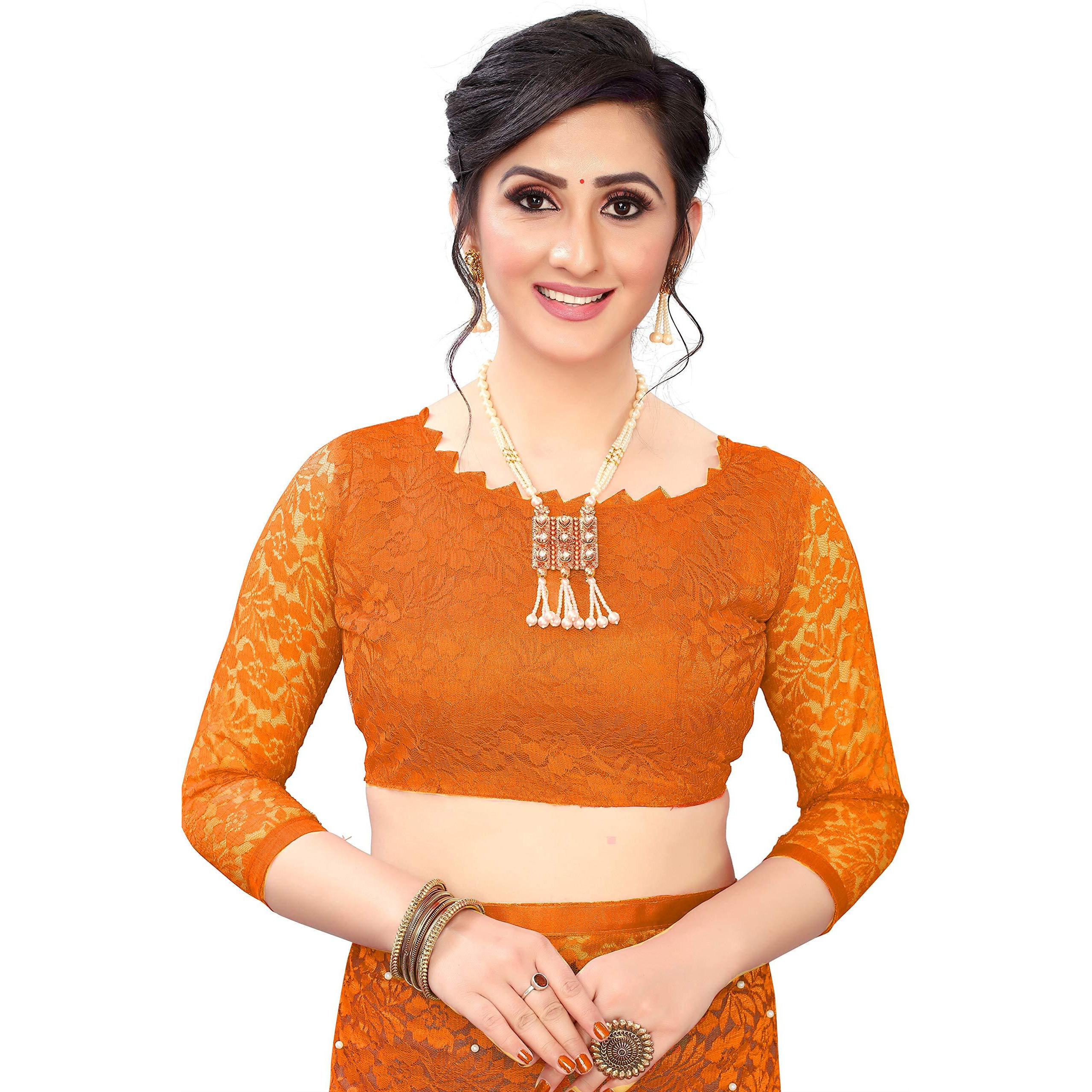 LOROFY Womens Net Saree (With Blouse_Free Size) (Orange)