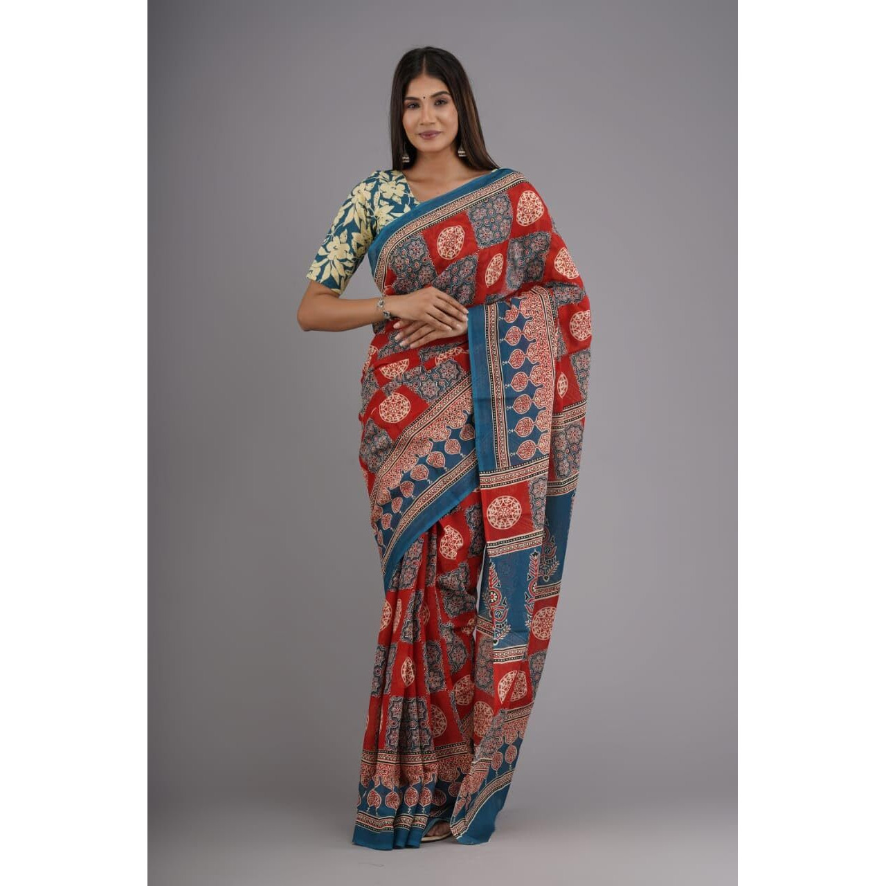 JALTHER Handicrafts Womens Ikat Hand Block Print Jaipuri Cotton Mulmul Saree with Blouse Piece -Maroon_15