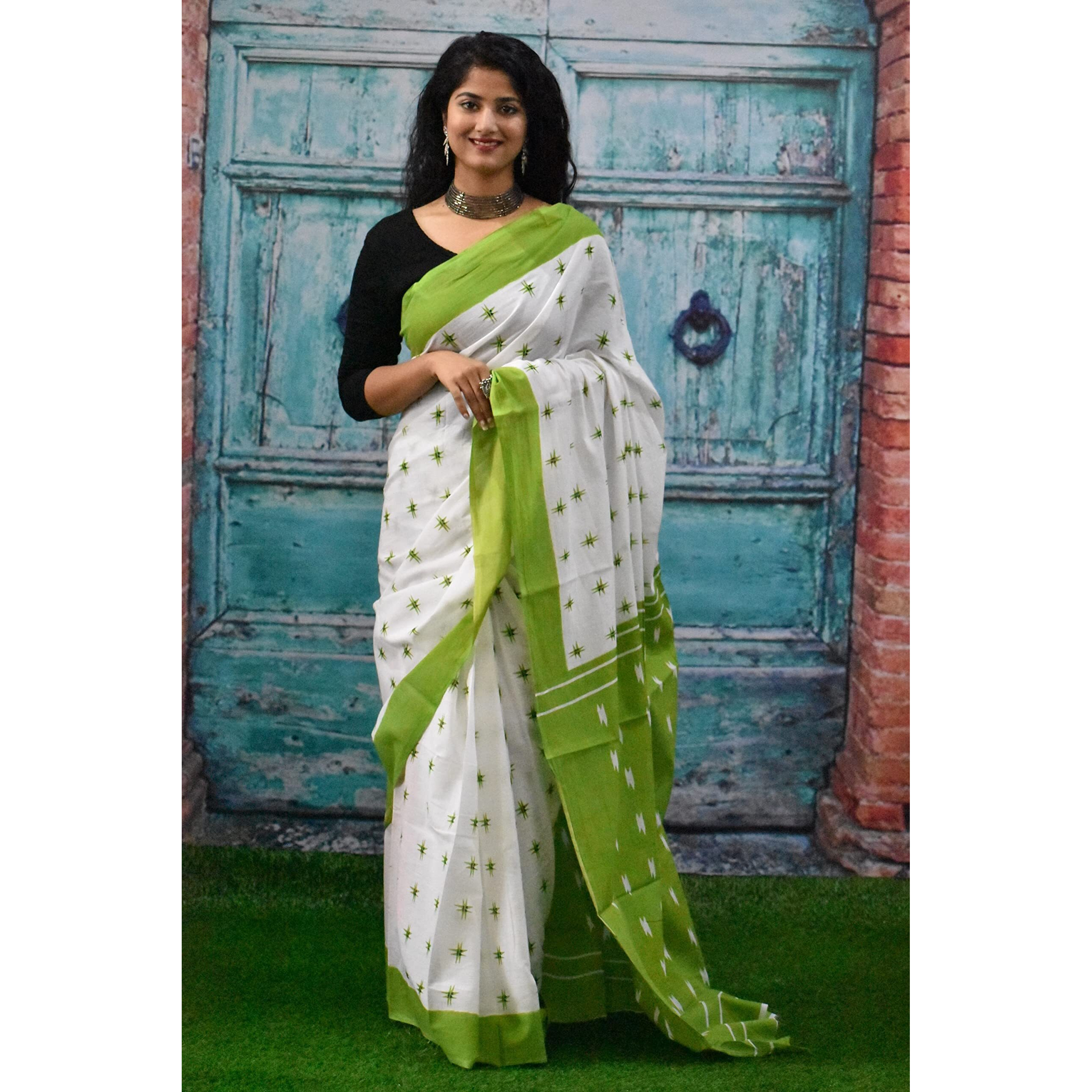 JALTHER Handicrafts Womens Ikat Hand Block Print Jaipuri Cotton Mulmul Saree with Blouse Piece - White_229