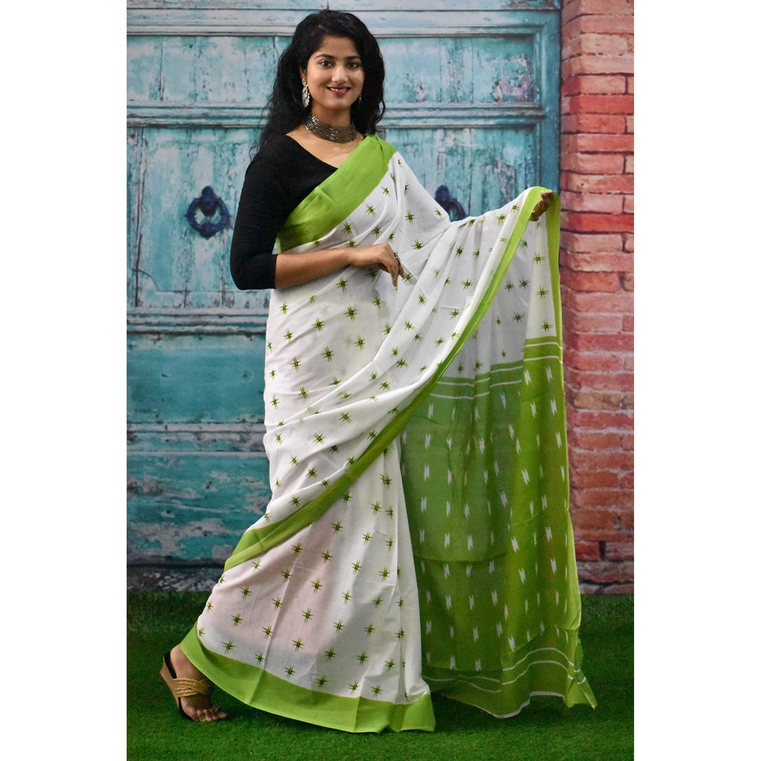 JALTHER Handicrafts Womens Ikat Hand Block Print Jaipuri Cotton Mulmul Saree with Blouse Piece - White_229