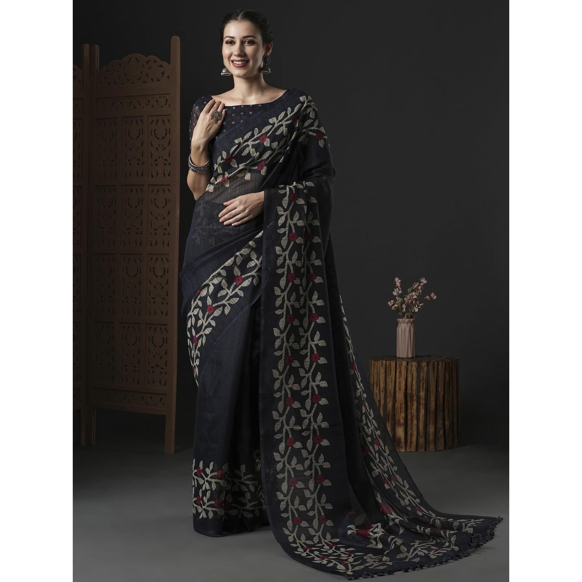 AKHILAM Womens Cotton Slub Botanical Printed Saree With Unstitched Blouse Piece(Navy Blue_GRNS21A_HS)