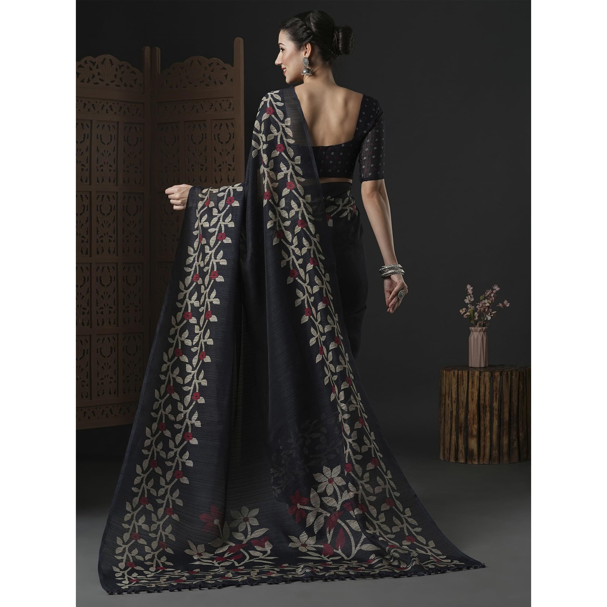 AKHILAM Womens Cotton Slub Botanical Printed Saree With Unstitched Blouse Piece(Navy Blue_GRNS21A_HS)
