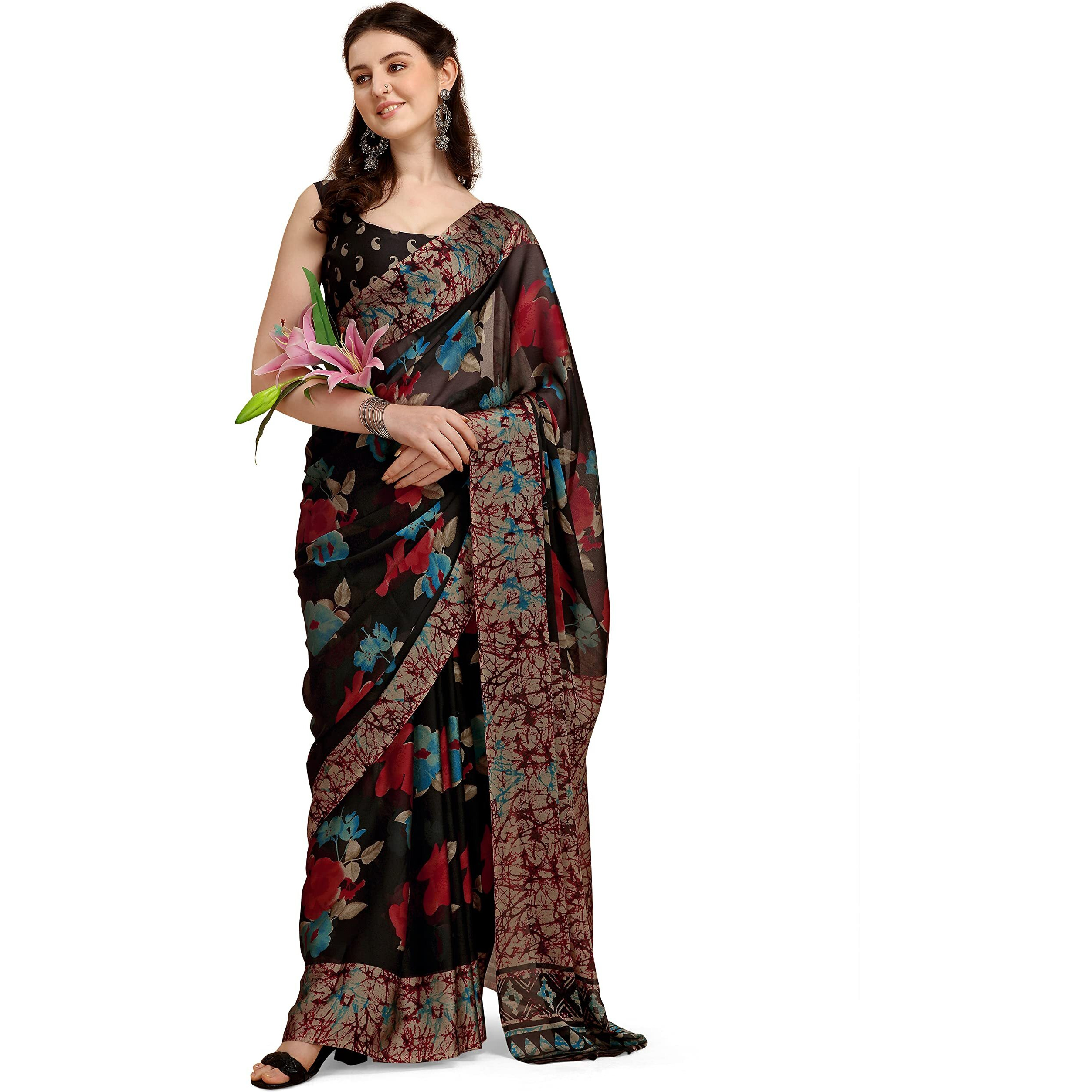 EthnicJunction Womens Floral Printed Georgette Saree With Blouse Piece (EJ7029-Bela-Black_Black)
