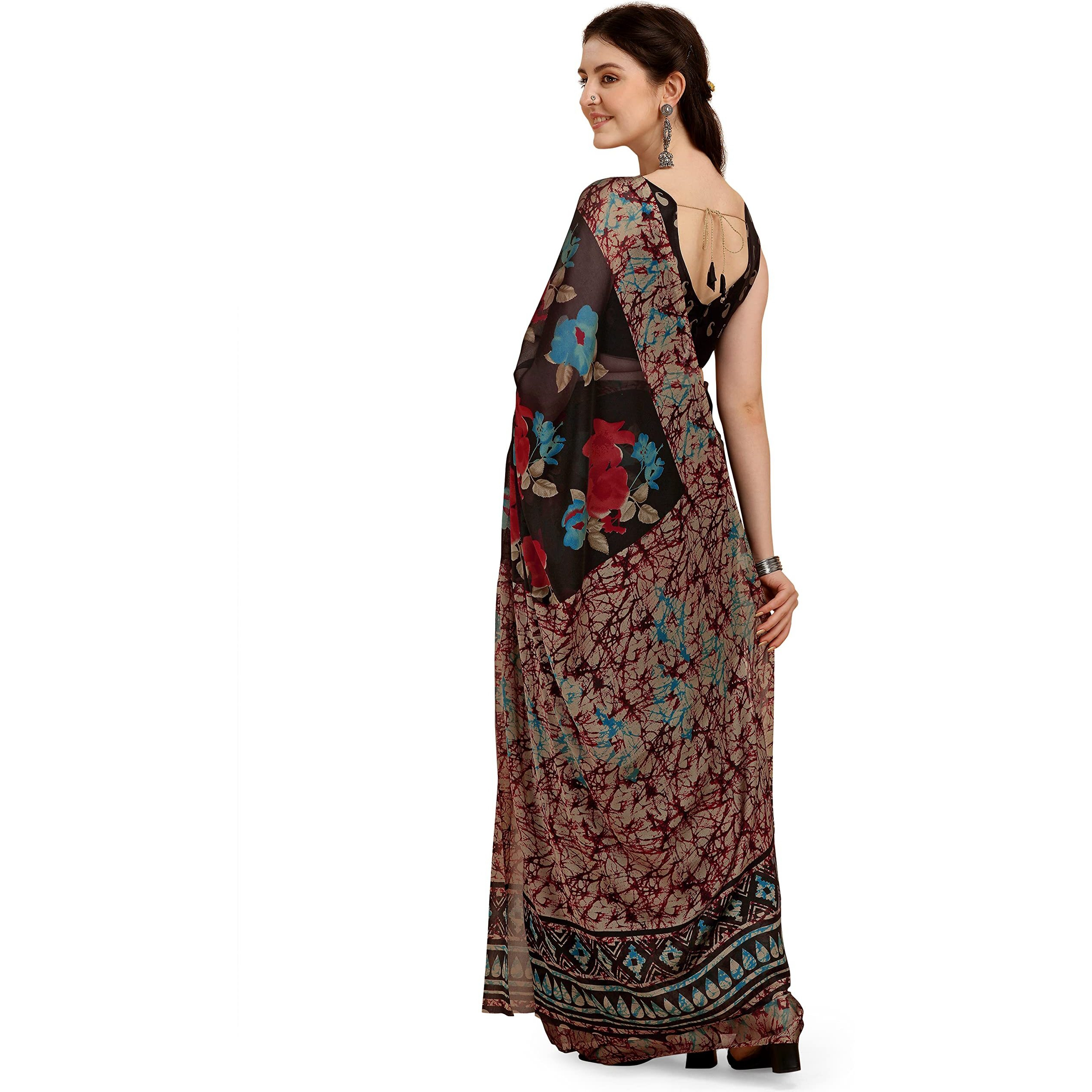 EthnicJunction Womens Floral Printed Georgette Saree With Blouse Piece (EJ7029-Bela-Black_Black)