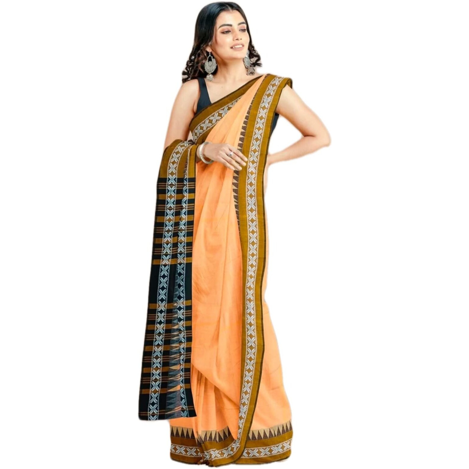 Laxmi Handloom Womens Traditional Bengal Handloom Pure Cotton Saree (Orange)