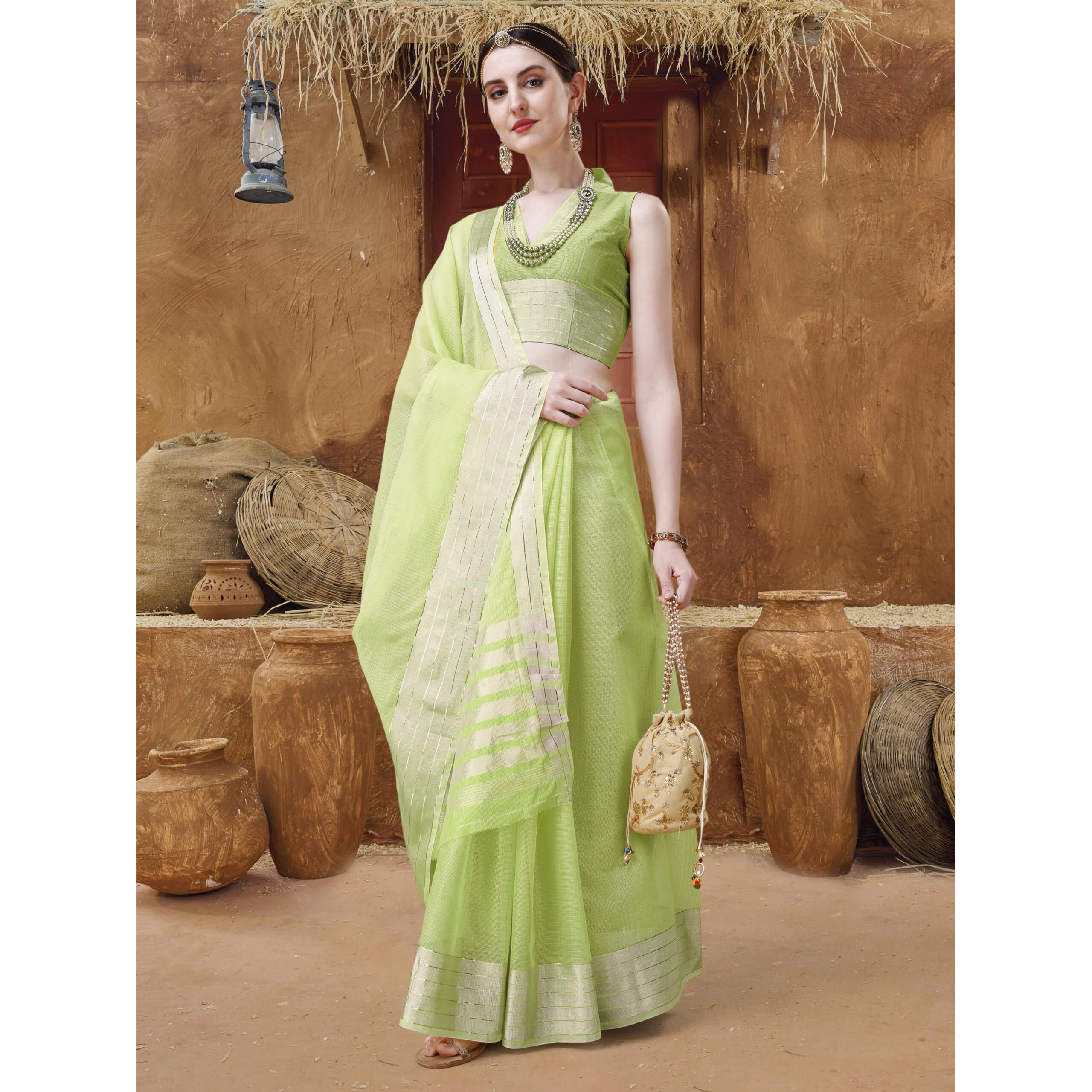 EthnicJunction Womens Cotton Linen Woven Saree With Blouse Piece (Pista Green)
