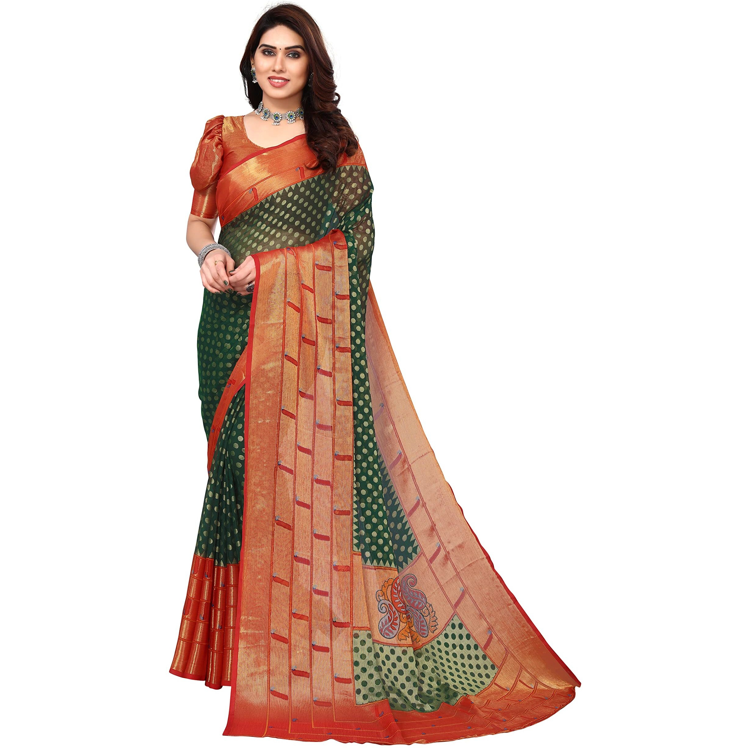 Winza Designer PS Brasso Padma Bottle Green_W Plain Chiffon sarees for women