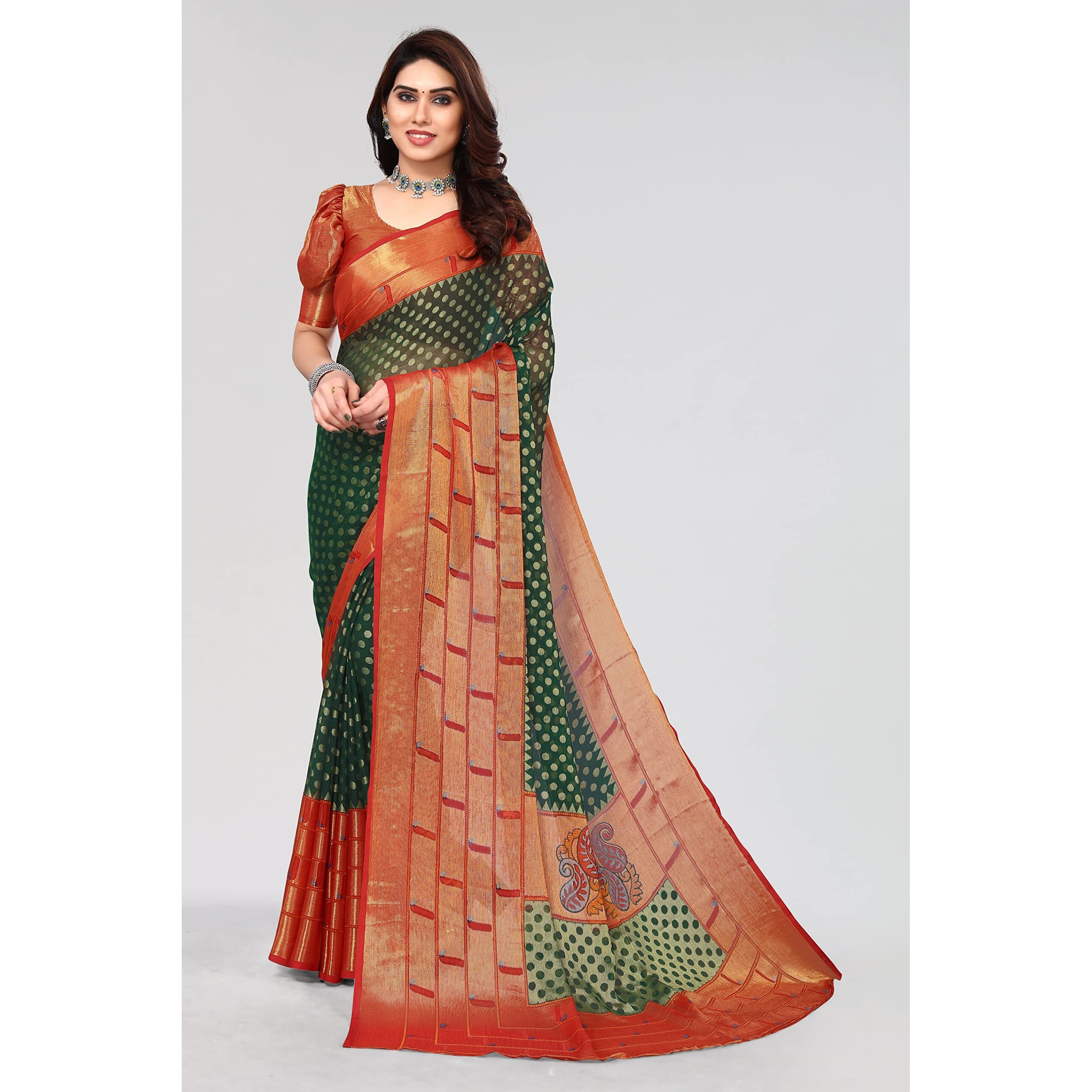 Winza Designer PS Brasso Padma Bottle Green_W Plain Chiffon sarees for women