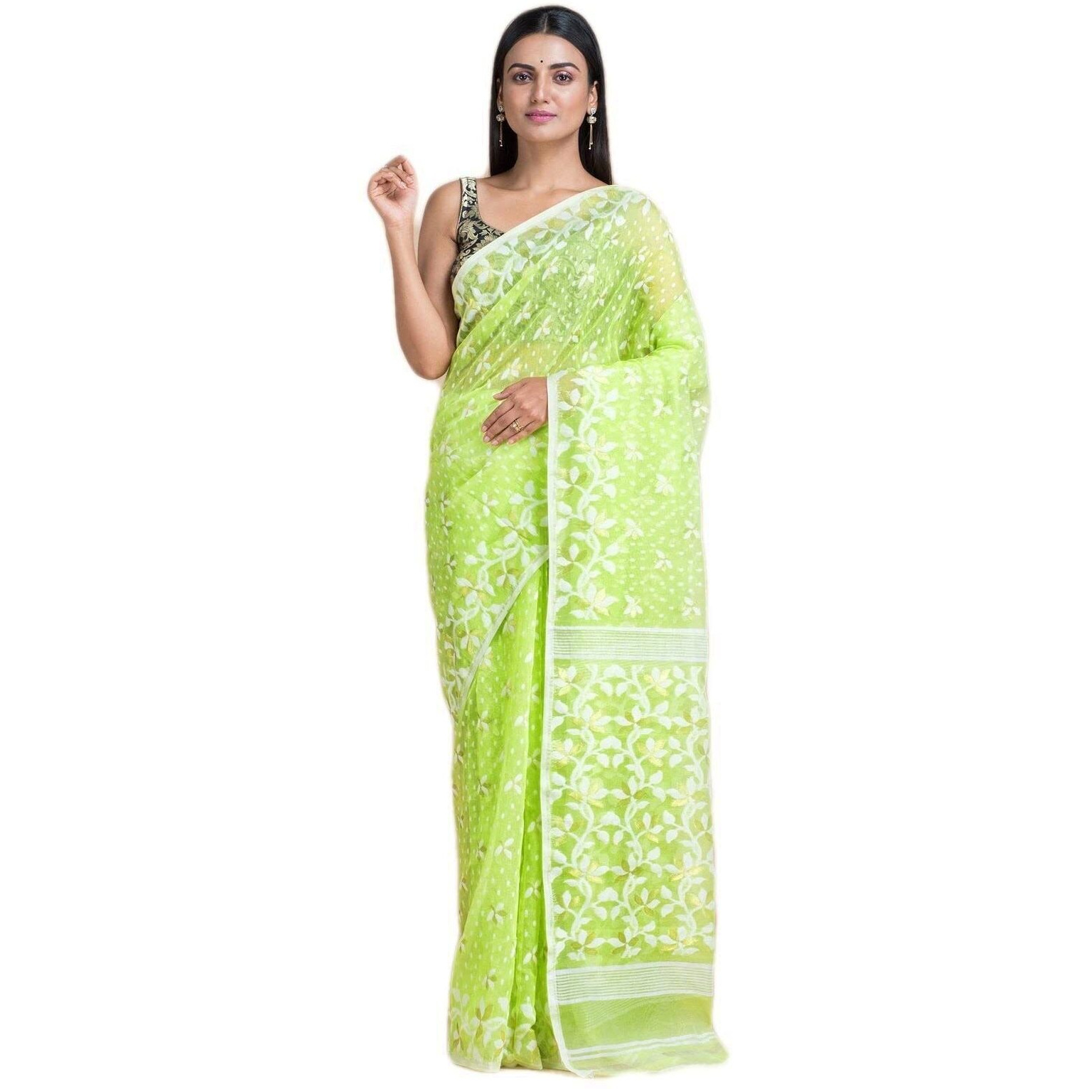 Laxmi Handloom Womens Traditional Bengal Cotton Silk Soft Jamdani Saree without Blouse Piece (Light Green)