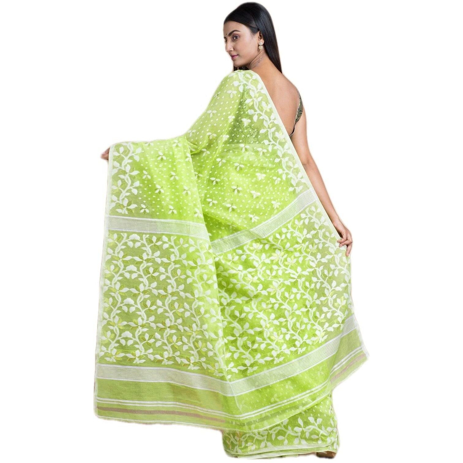Laxmi Handloom Womens Traditional Bengal Cotton Silk Soft Jamdani Saree without Blouse Piece (Light Green)