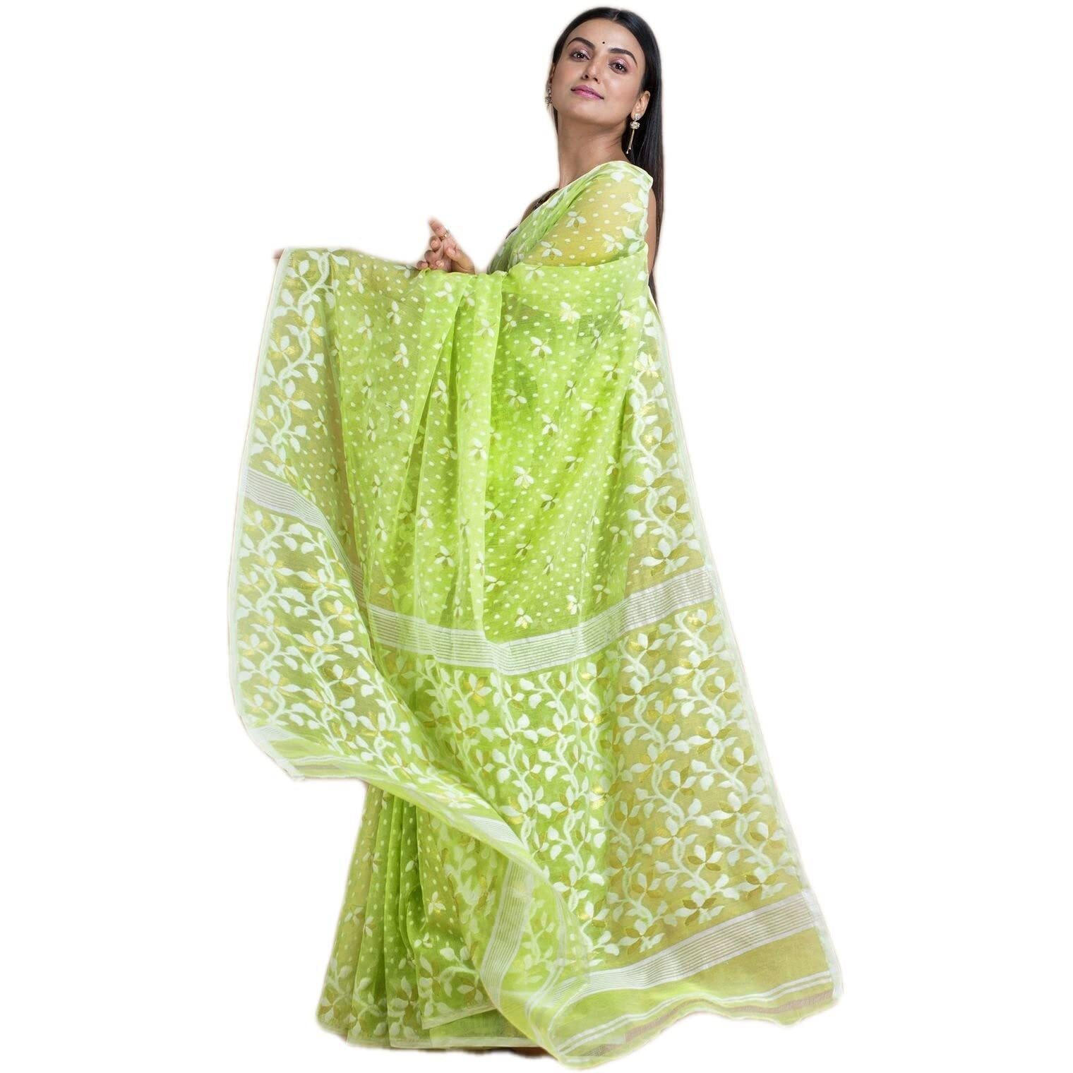 Laxmi Handloom Womens Traditional Bengal Cotton Silk Soft Jamdani Saree without Blouse Piece (Light Green)