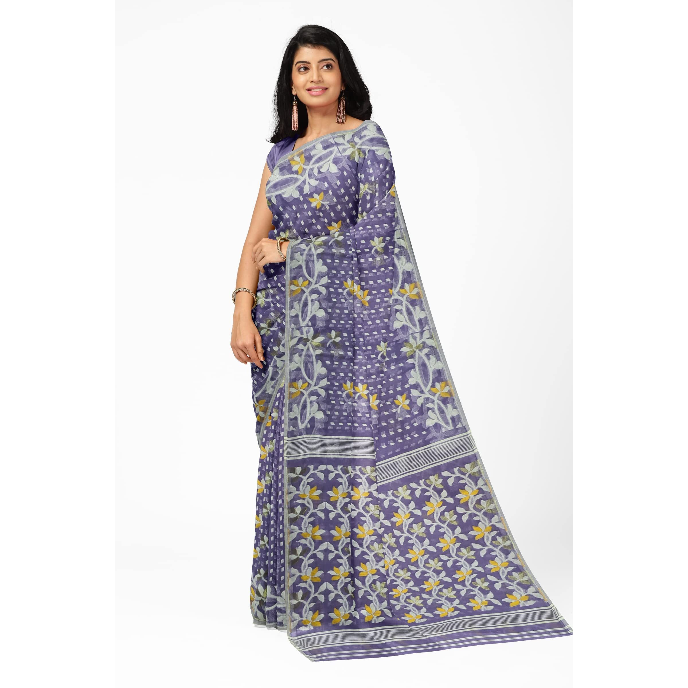 Laxmi Handloom Womens Traditional Bengal Cotton Silk Soft Jamdani Saree without Blouse Piece (Purple)