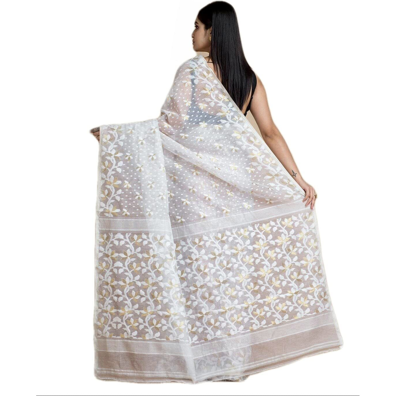 Laxmi Handloom Womens Traditional Bengal Cotton Silk Soft Jamdani Saree without Blouse Piece (White Self)