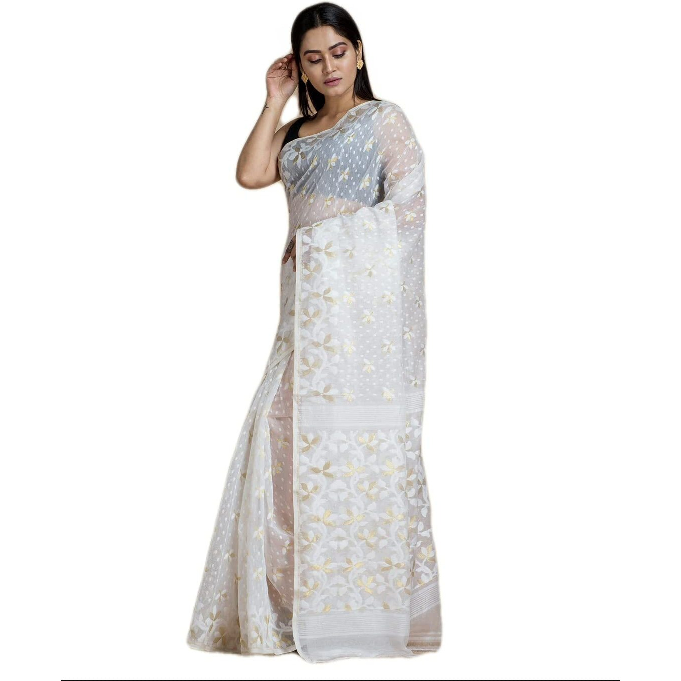 Laxmi Handloom Womens Traditional Bengal Cotton Silk Soft Jamdani Saree without Blouse Piece (White Self)