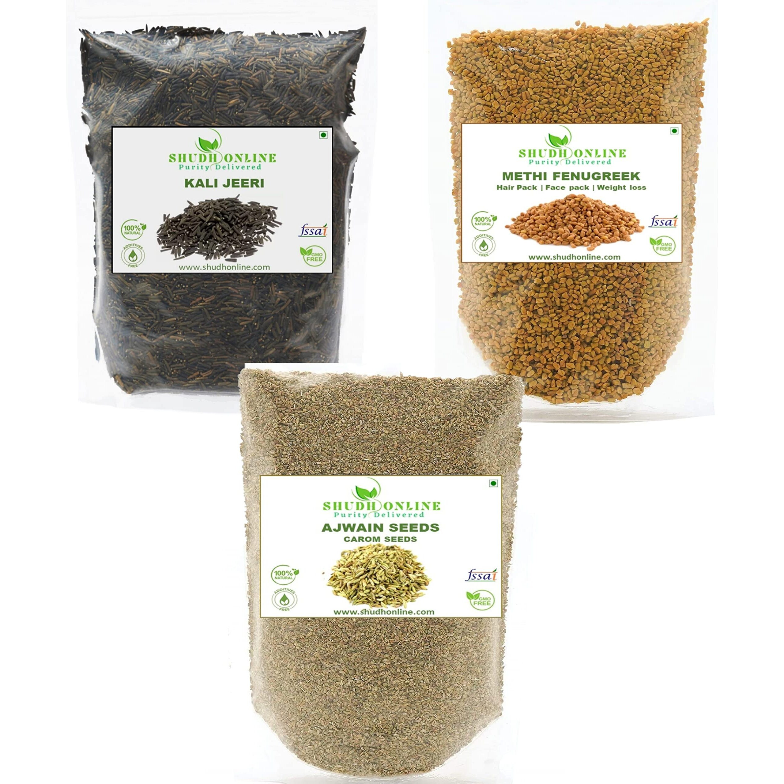 Shudh Online Methi, Ajwain, Kali Jeeri Combo Pack - 800 Grams (Fenugreek Seeds, Menthulu 500g- Ajwain Carom, Vaamu 200g, Kadwa Kali Jiri, Black Cumin Seed 100g Mixture)
