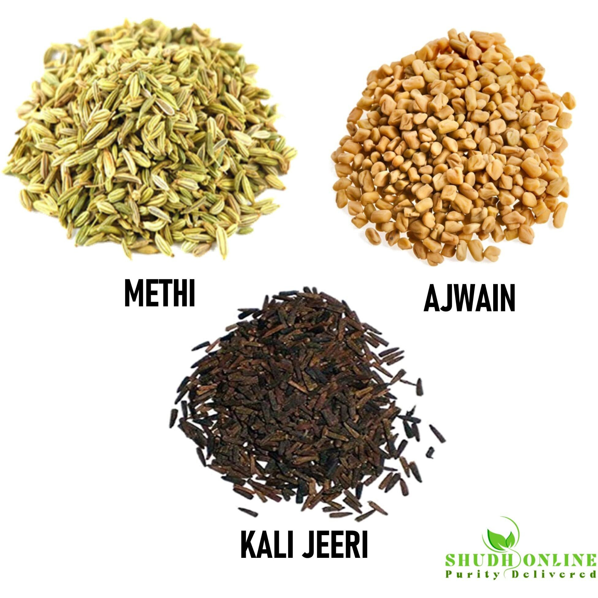 Shudh Online Methi, Ajwain, Kali Jeeri Combo Pack - 800 Grams (Fenugreek Seeds, Menthulu 500g- Ajwain Carom, Vaamu 200g, Kadwa Kali Jiri, Black Cumin Seed 100g Mixture)