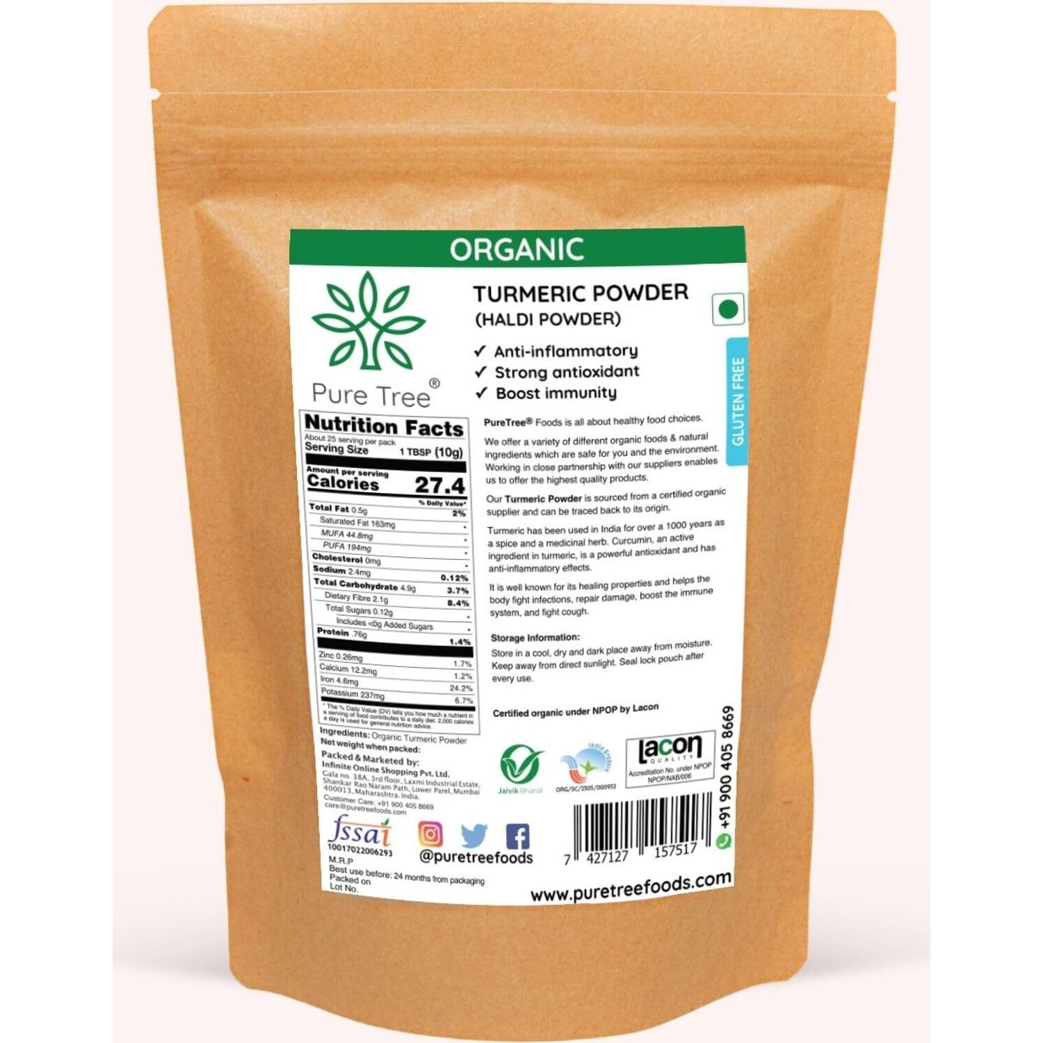 Pure Tree Certified Organic Haldi Powder | 250 g | Turmeric Powder | Organic Spice Masala Powder | Turmeric Raw | Strong Antioxidant | Turmeric Powder for Milk