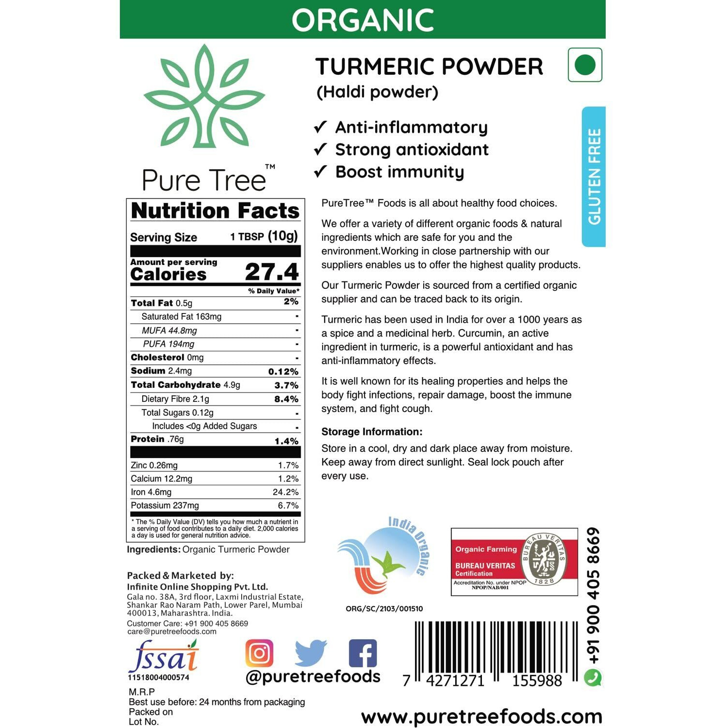 Pure Tree Certified Organic Haldi Powder | 250 g | Turmeric Powder | Organic Spice Masala Powder | Turmeric Raw | Strong Antioxidant | Turmeric Powder for Milk