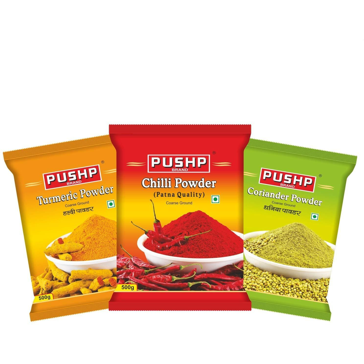 Pushp Brand Combo Pack 500g Each (Chilli Powder, Turmeric Powder, Coriander Powder) - Combo Spices Pack