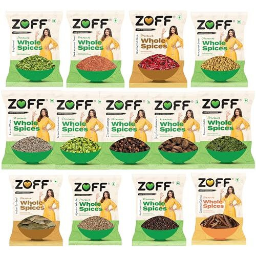 Zoff Whole Spices Pack of 13 | Green Cardamom, Ajwain, Black pepper, Cloves,Big Cardamom,Bay Leaves, Kasoori Methi | 50 g Methi dana, Saunf | Ntwt.425g