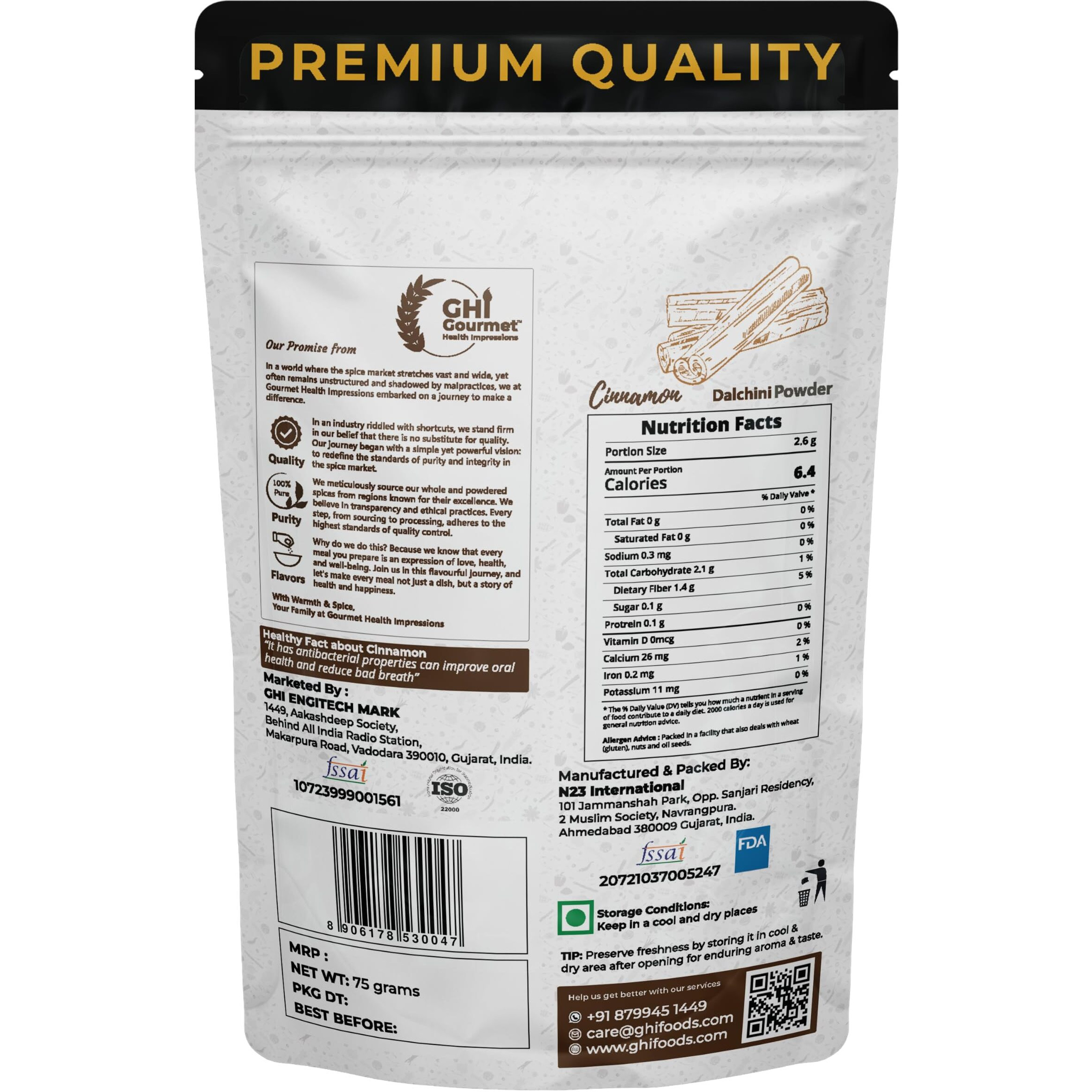 GOURMET HEALTH IMPRESSIONS Superior Grade Cinnamon (Dalchini) Powder 75g - Richly Aromatic, Finely Ground, Non-GMO - Perfect for Baking & Spicing Up Dishes | GHI Foods