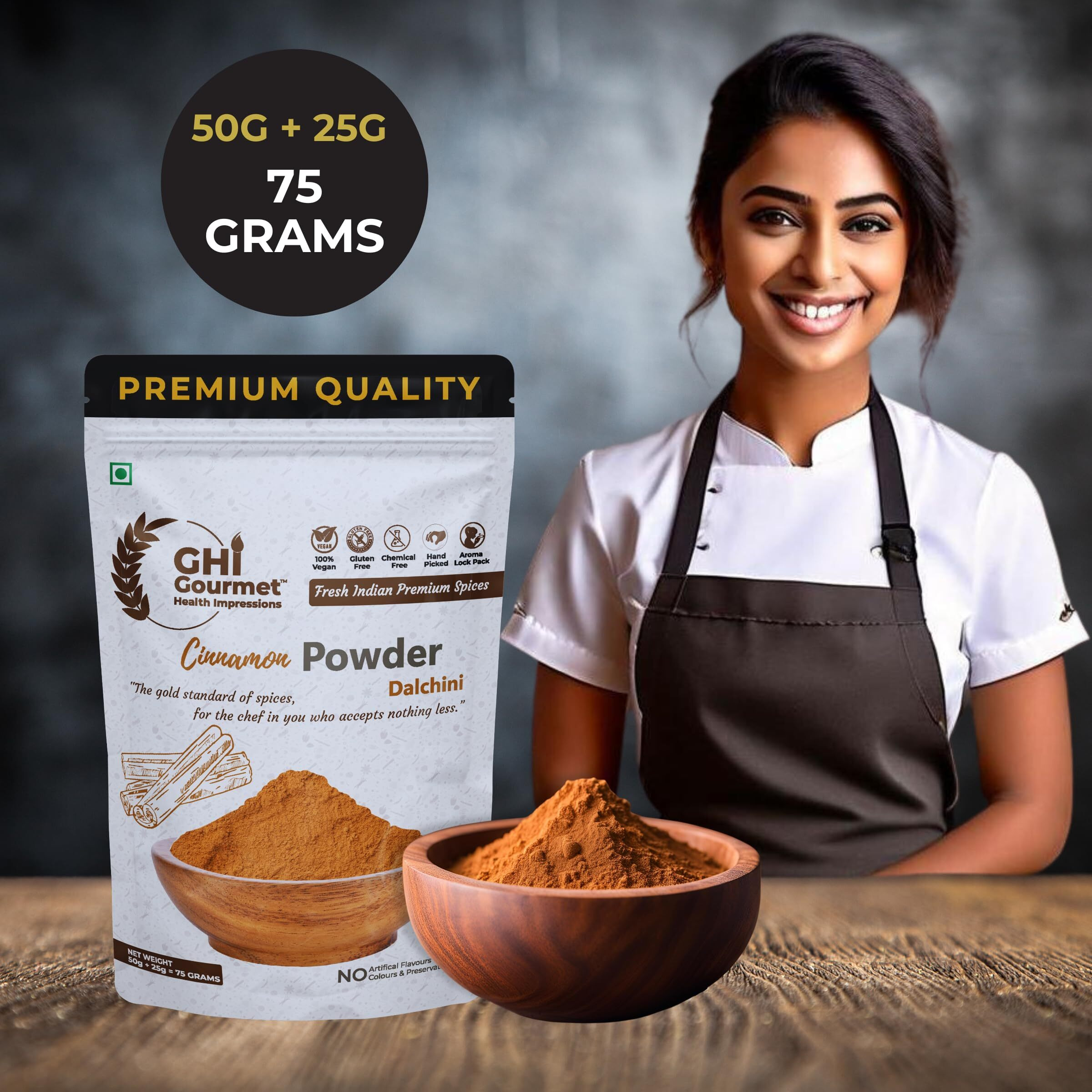 GOURMET HEALTH IMPRESSIONS Superior Grade Cinnamon (Dalchini) Powder 75g - Richly Aromatic, Finely Ground, Non-GMO - Perfect for Baking & Spicing Up Dishes | GHI Foods
