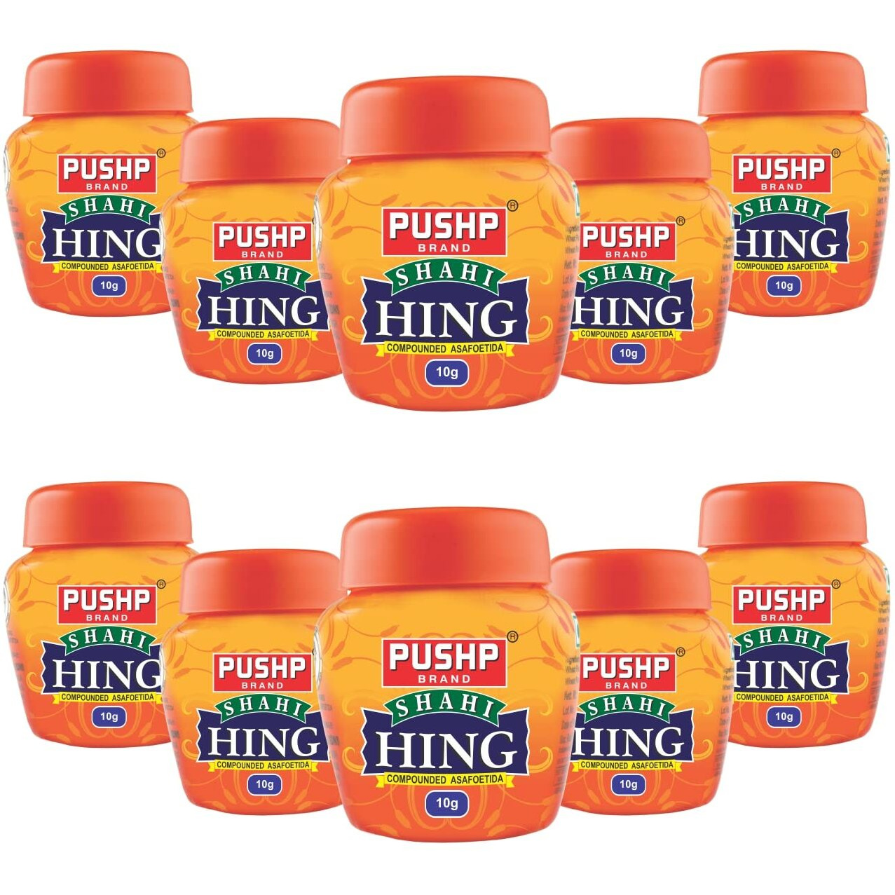Pushp Brand Asafoetida Hing Jar Strongest Compounded Pure Hing Powder(10g) (Pack of 10)