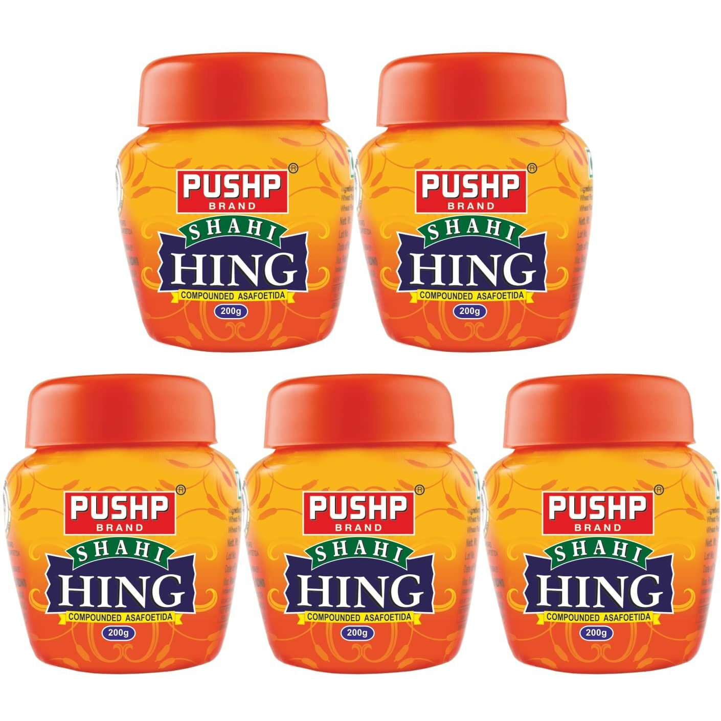 Pushp Brand Asafoetida Hing Jar Strongest Compounded Pure Hing Powder(200g) (Pack of 5)