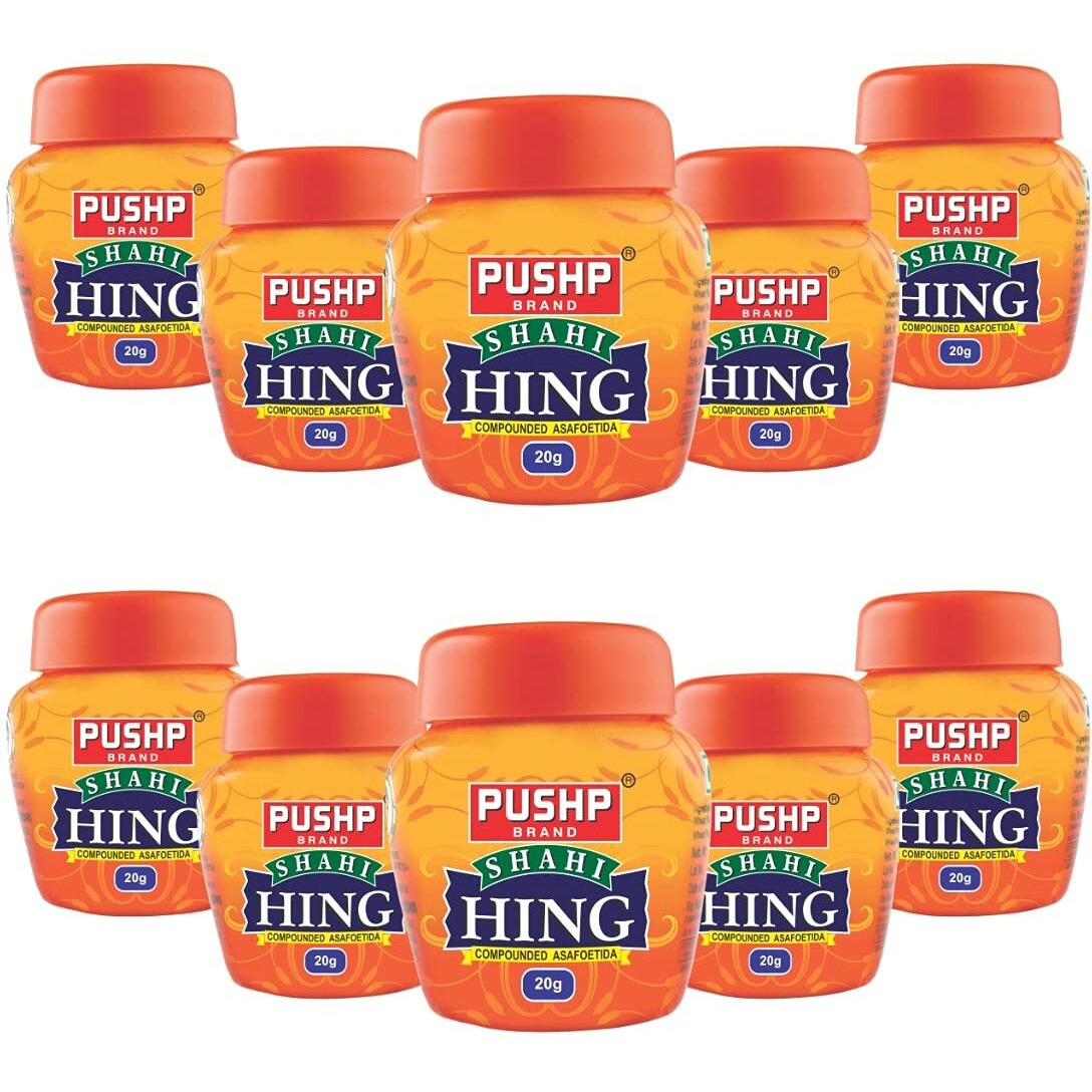Pushp Brand Asafoetida Hing Jar 20g (Pack of 10) - Strongest Compounded Pure Hing Powder