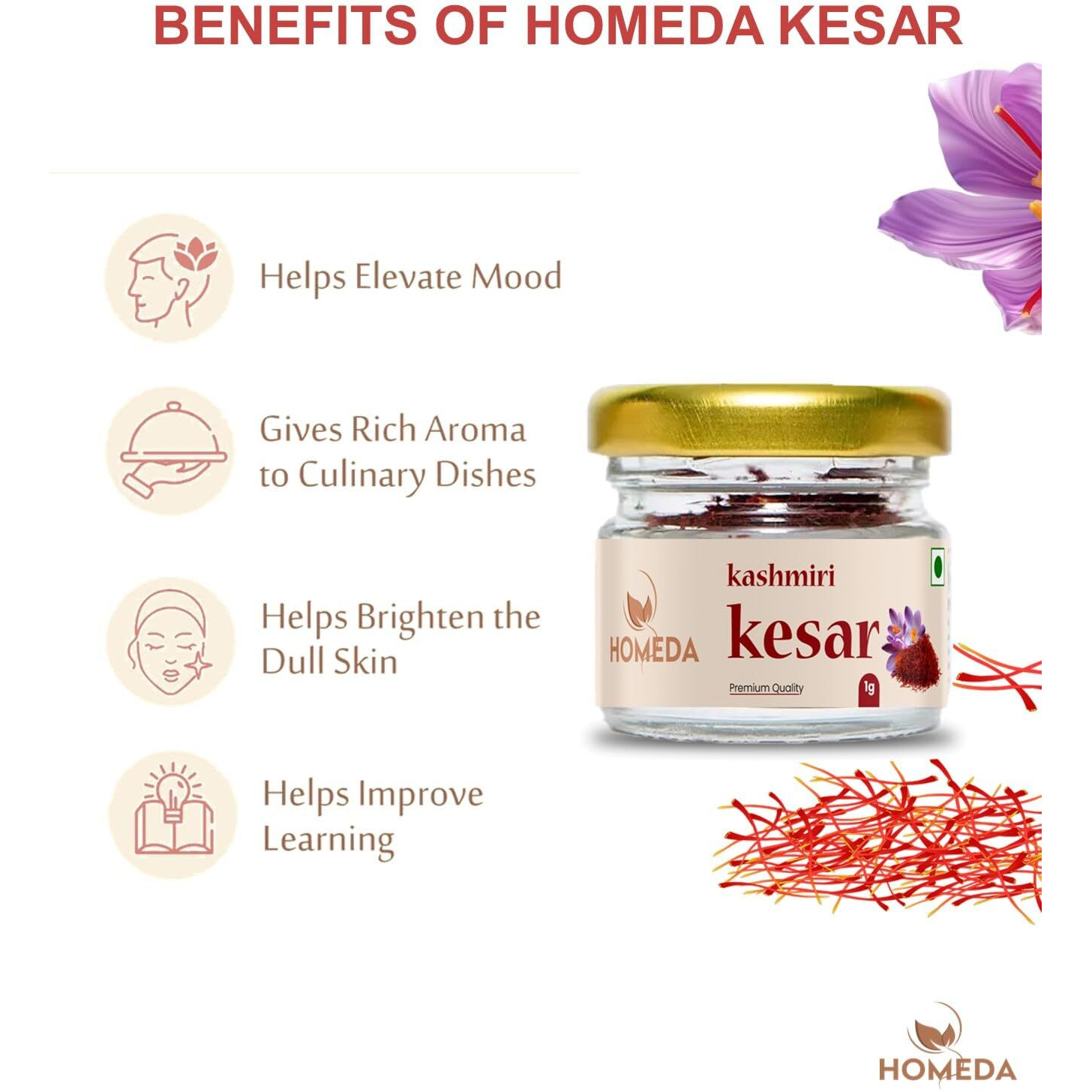 Homeda Kesar Saffron Original 1g / Pure Saffron Original Kashmiri | Kumkuma Puvvu, Keshar Safron, Kungumapoo for pregnant women, Kasar, Kumkumapoovu, Keser, Kaser, Kesor, Certified Grade A 1 gm