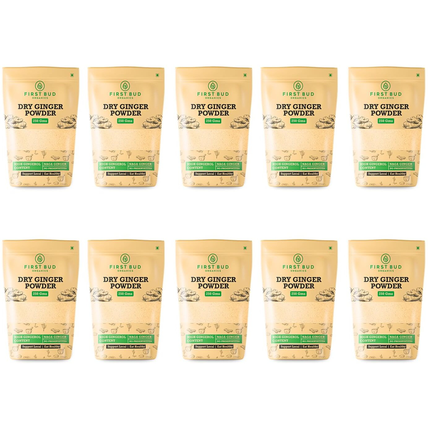 First Bud Organics Dry Ginger Powder - 250gm X 10 | Organic Ginger Powder With High Gingerol Content | Non GMO, Gluten Free & No Preservatives | Perfect For Cooking, Baking, Smoothies, and Teas |
