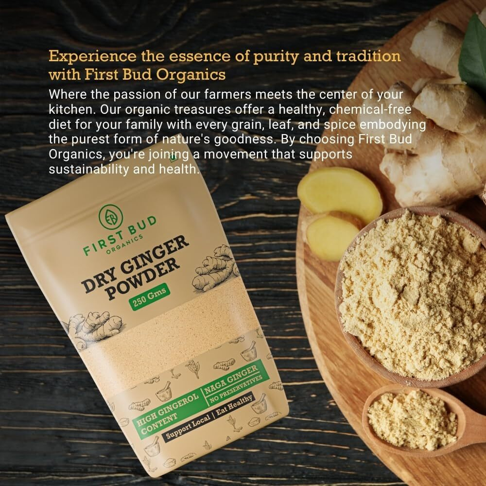 First Bud Organics Dry Ginger Powder - 250gm X 10 | Organic Ginger Powder With High Gingerol Content | Non GMO, Gluten Free & No Preservatives | Perfect For Cooking, Baking, Smoothies, and Teas |
