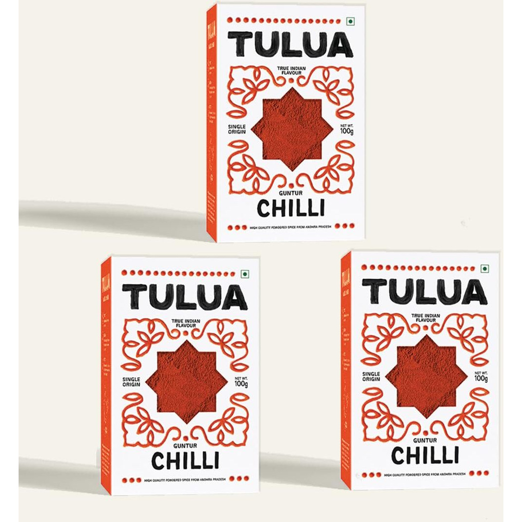 Tulua Guntur Chilli Premium Powder (Lal Mirch) - 100gm Each Pack of 3 | Naturally Processed with Natural Oils | 100% Natural and Organic | Sourced From Guntur | Made with Sun-Dried Chillies