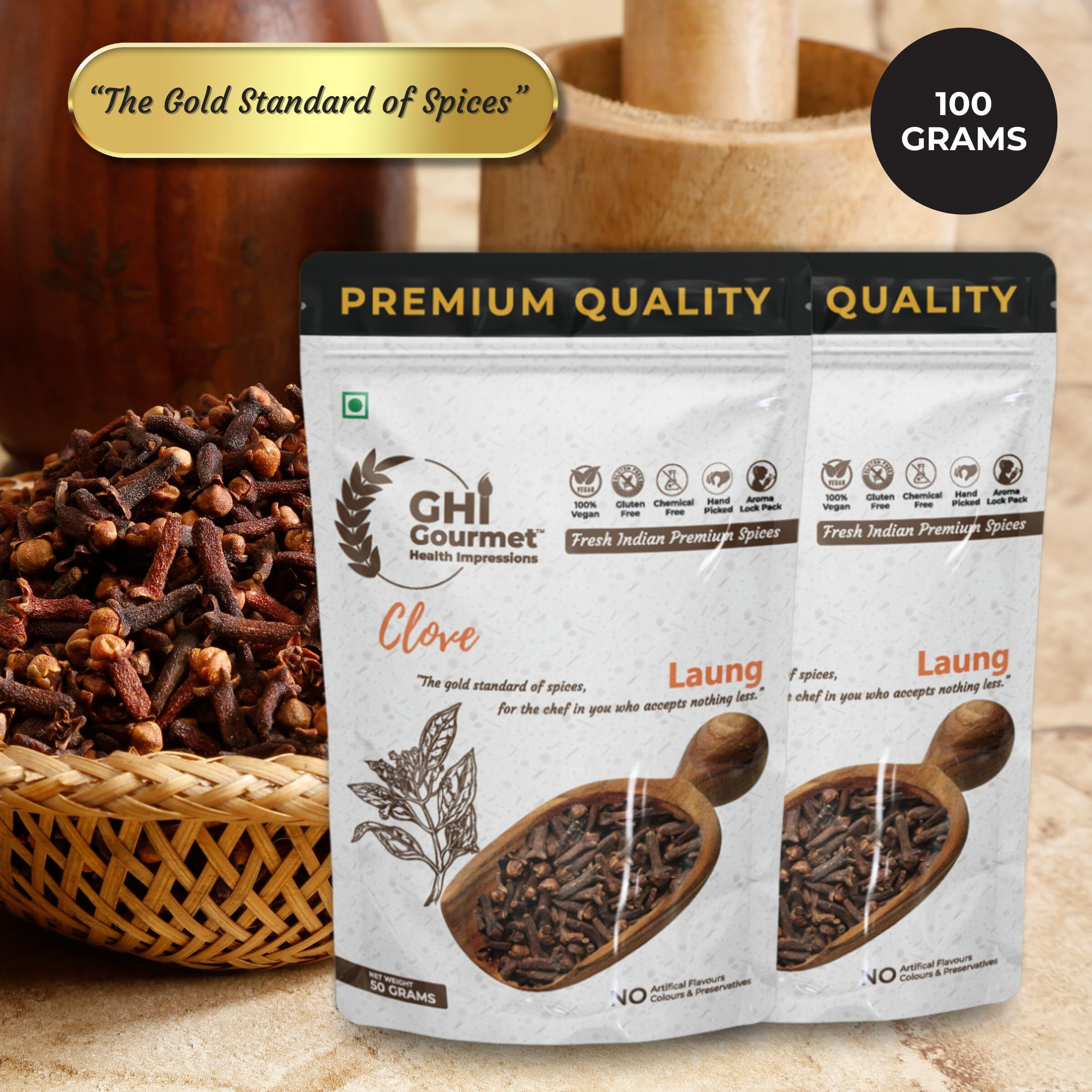 Superior Grade Whole Clove (Laung) 100g | Pack of 2 x 50g | Rich Aroma, Handpicked, Non-GMO - A Perfect for Flavorful Cooking & Aromatic Infusions | GHI Foods | Gourmet Health Impressions