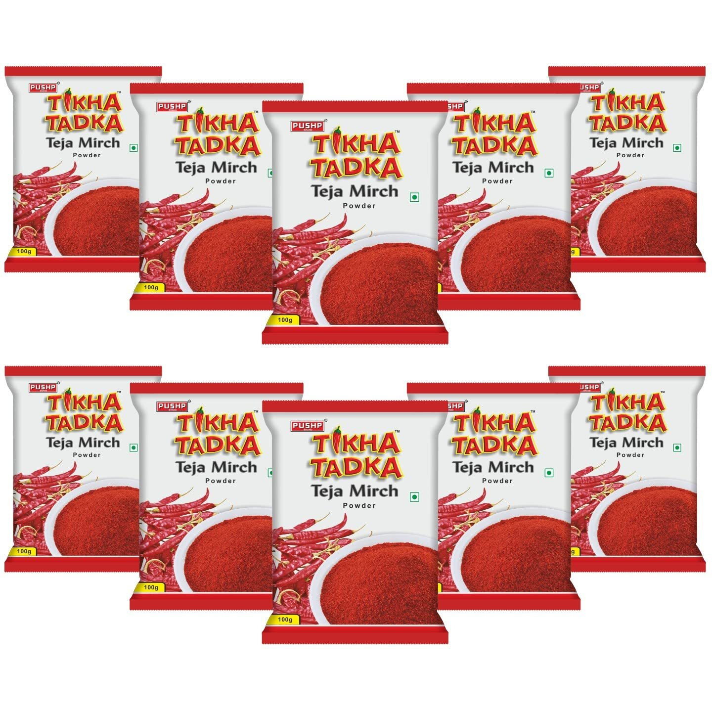 Pushp Brand Fine Red Chili Powder Tikha Tadka (100g) (Pack of 10)