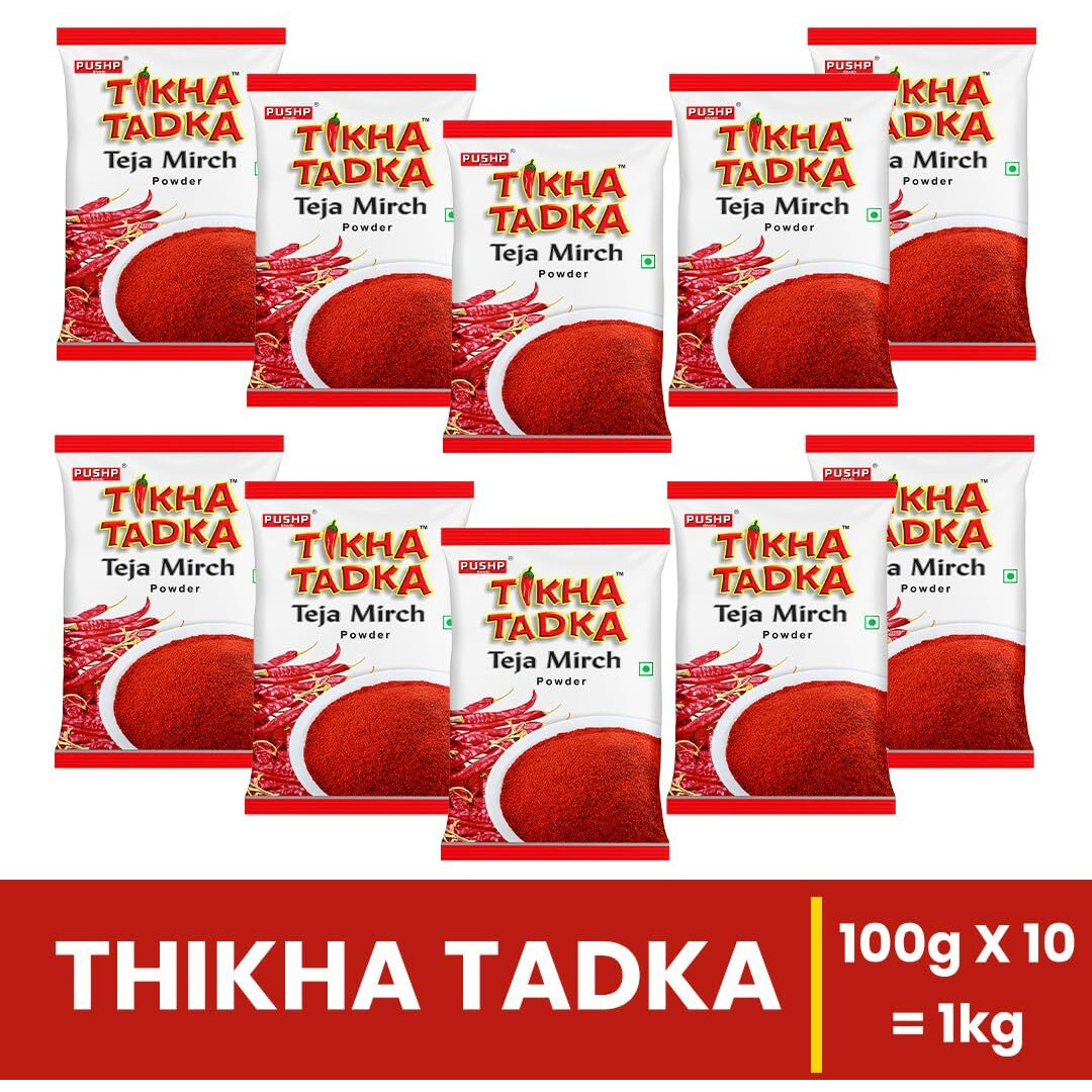 Pushp Brand Fine Red Chili Powder Tikha Tadka (100g) (Pack of 10)