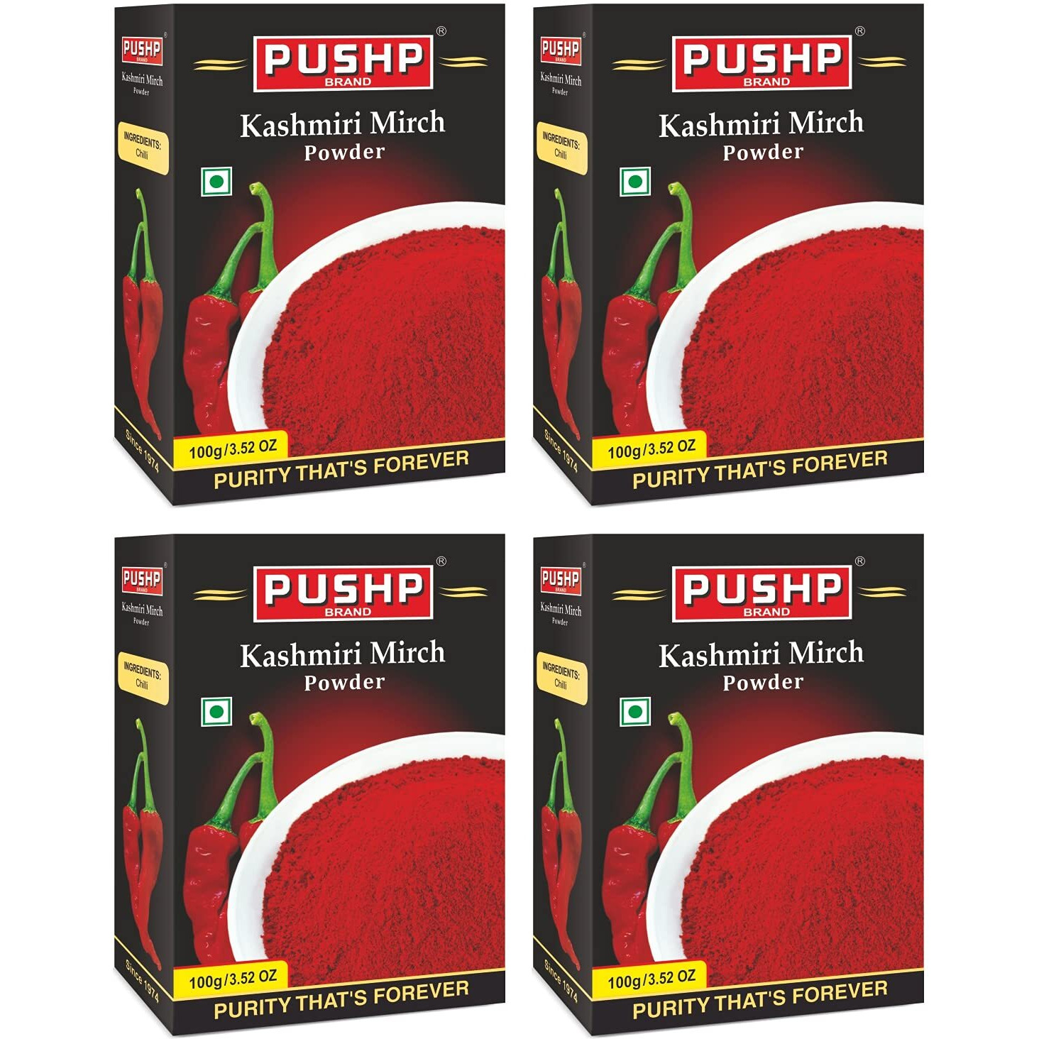 Pushp Brand Kasmiri Red Chilli Powder Box (Pack of 4, 100g in each pack)