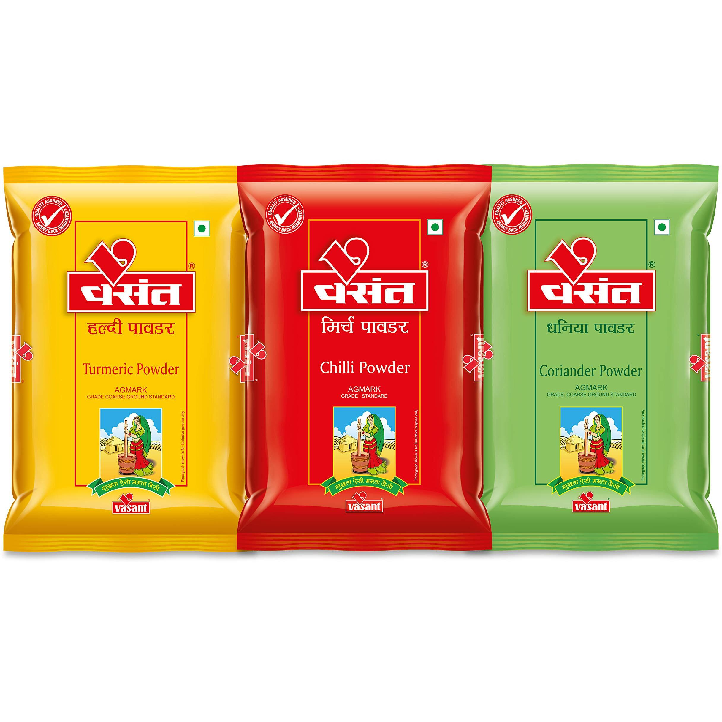 VASANT Masala Powder Combo | Pack of 3 (Chilli Powder + Turmeric Powder + Coriander Powder) | Chilli | Red Chilli | Turmeric | Haldi | Haldar | Coriander | Dhana | Dhaniya | Indian Spices & Masala | Vegetarian | 1 Kg each