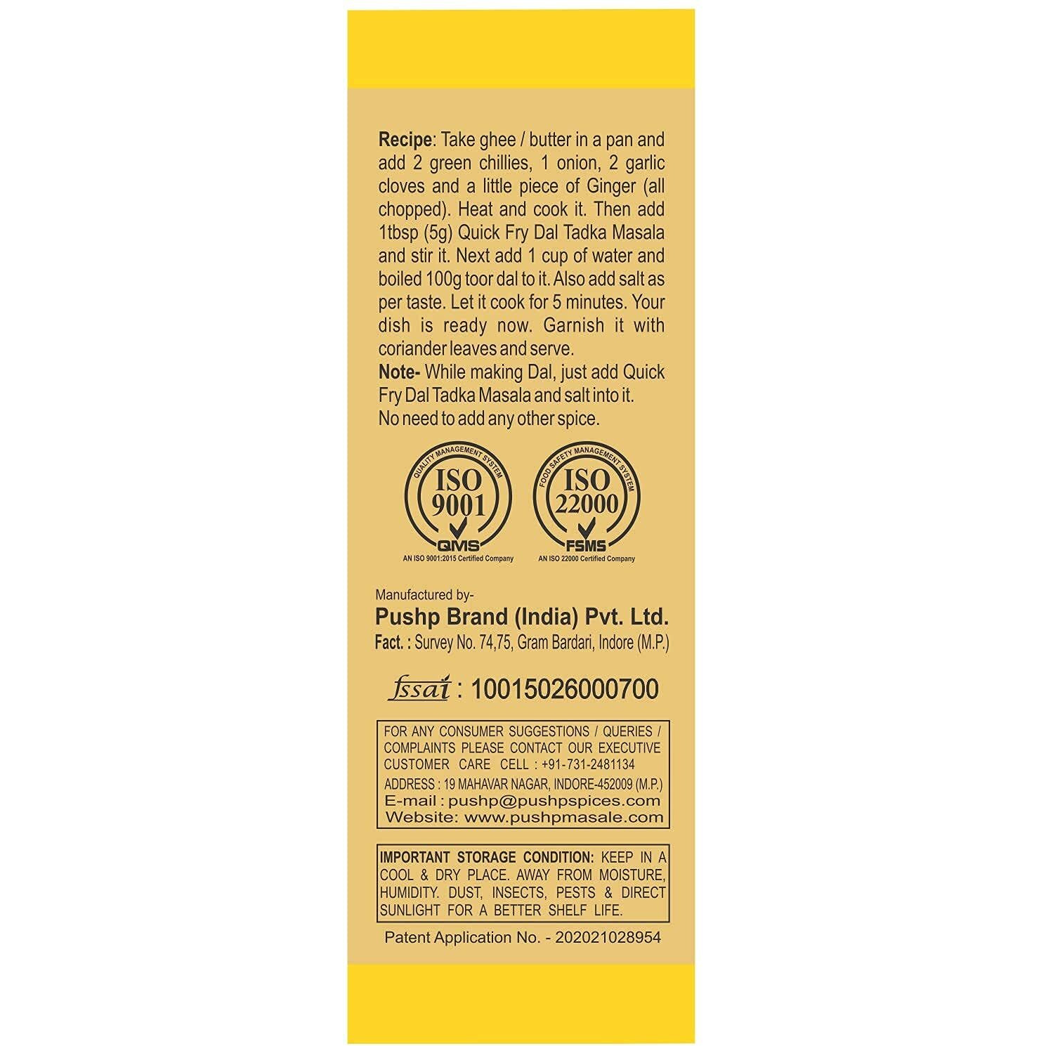 Pushp Brand - Ready to Cook Quick Fry Dal Tadka Masala (100g Box) (Pack of 5)