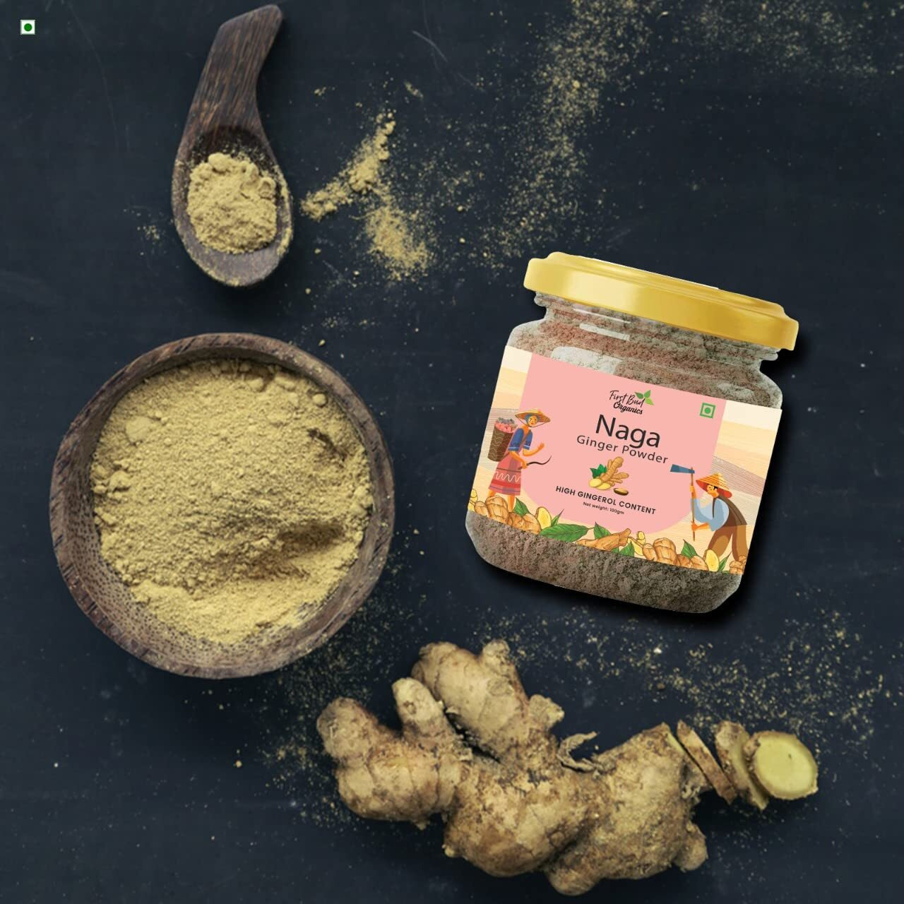 First Bud Organics Naga Dry Ginger Powder - 100gm | Organic Ginger Powder With High Gingerol Content | Non GMO, Gluten Free & No Preservatives | Perfect For Cooking, Baking, Smoothies, and Teas |