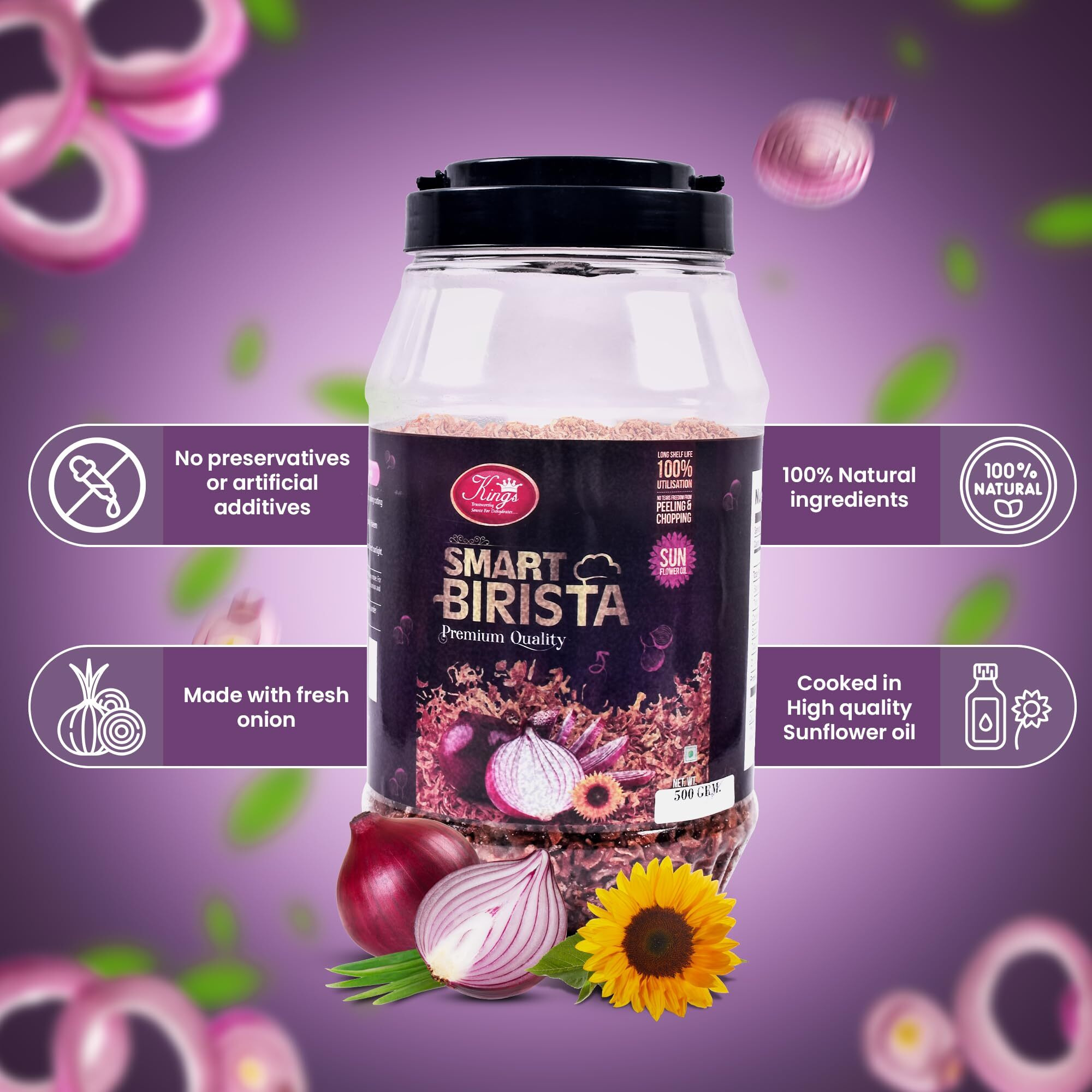KINGS Smart Birista, Crispy Fried Onions with Sunflower Oil (500gm, Pack Of 1 Jar)