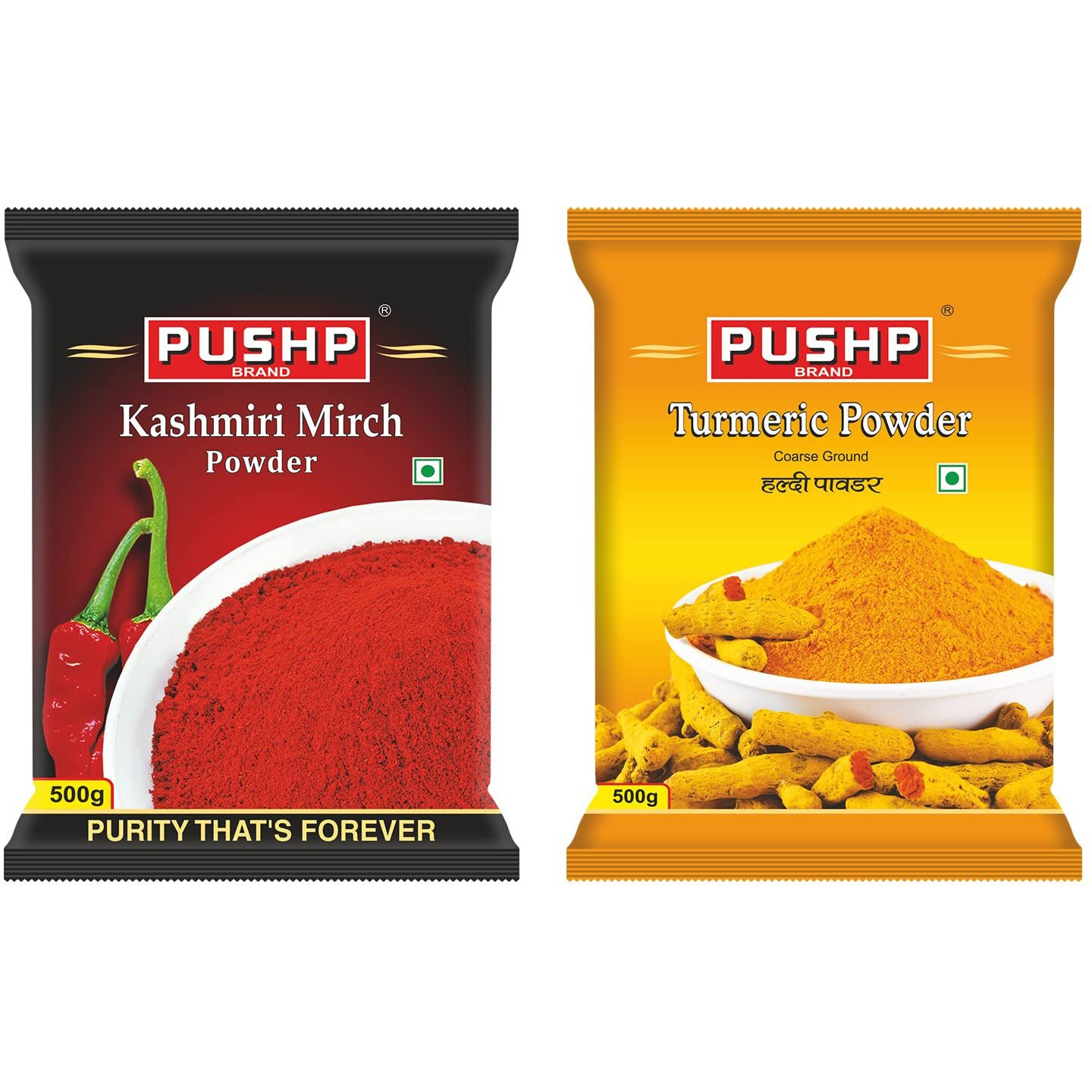 Pushp Brand Combo Pack 500g Each (Kashmiri red chilli Powder, Turmeric Powder) - Combo Spices PacK