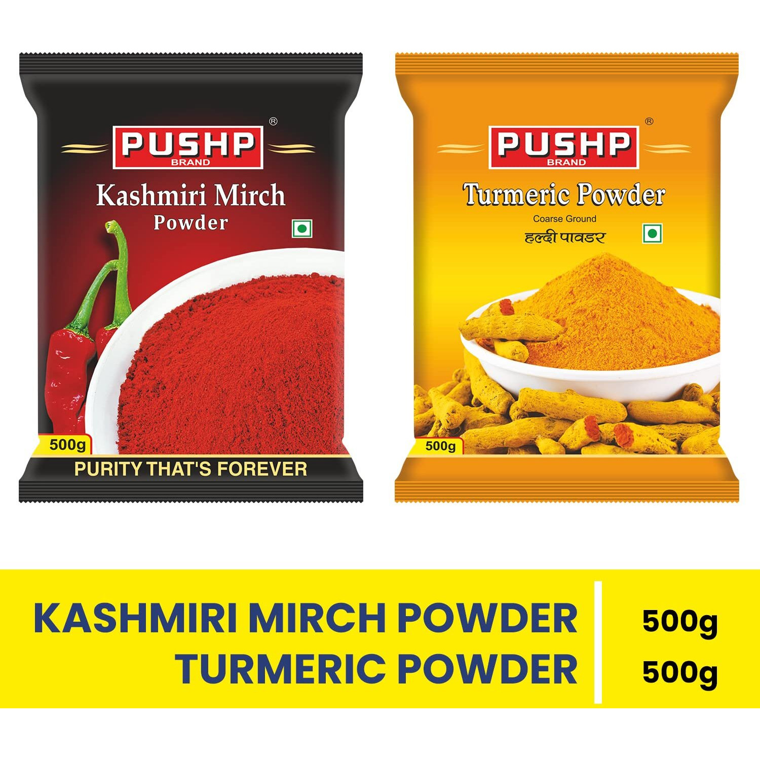 Pushp Brand Combo Pack 500g Each (Kashmiri red chilli Powder, Turmeric Powder) - Combo Spices PacK