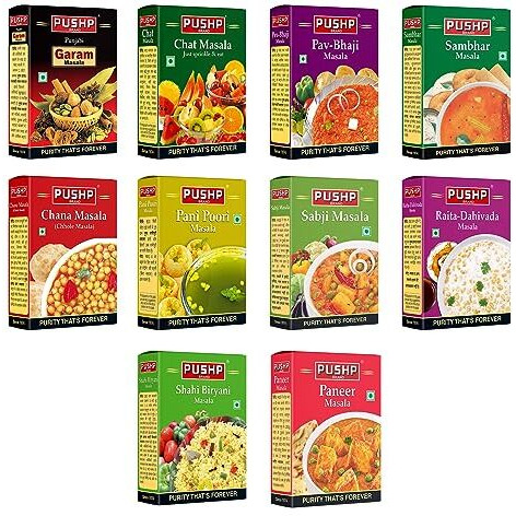 Pushp Brand Combo Pack 50g Each (Punjabi Garam Masala, Chana Masala, Chat Masala, Pav Bhaji Masala, Sambhar Masala, Biryani Masala, Paneer Masala, Sabji Masala, Raita Masala, Pani Puri Masala)