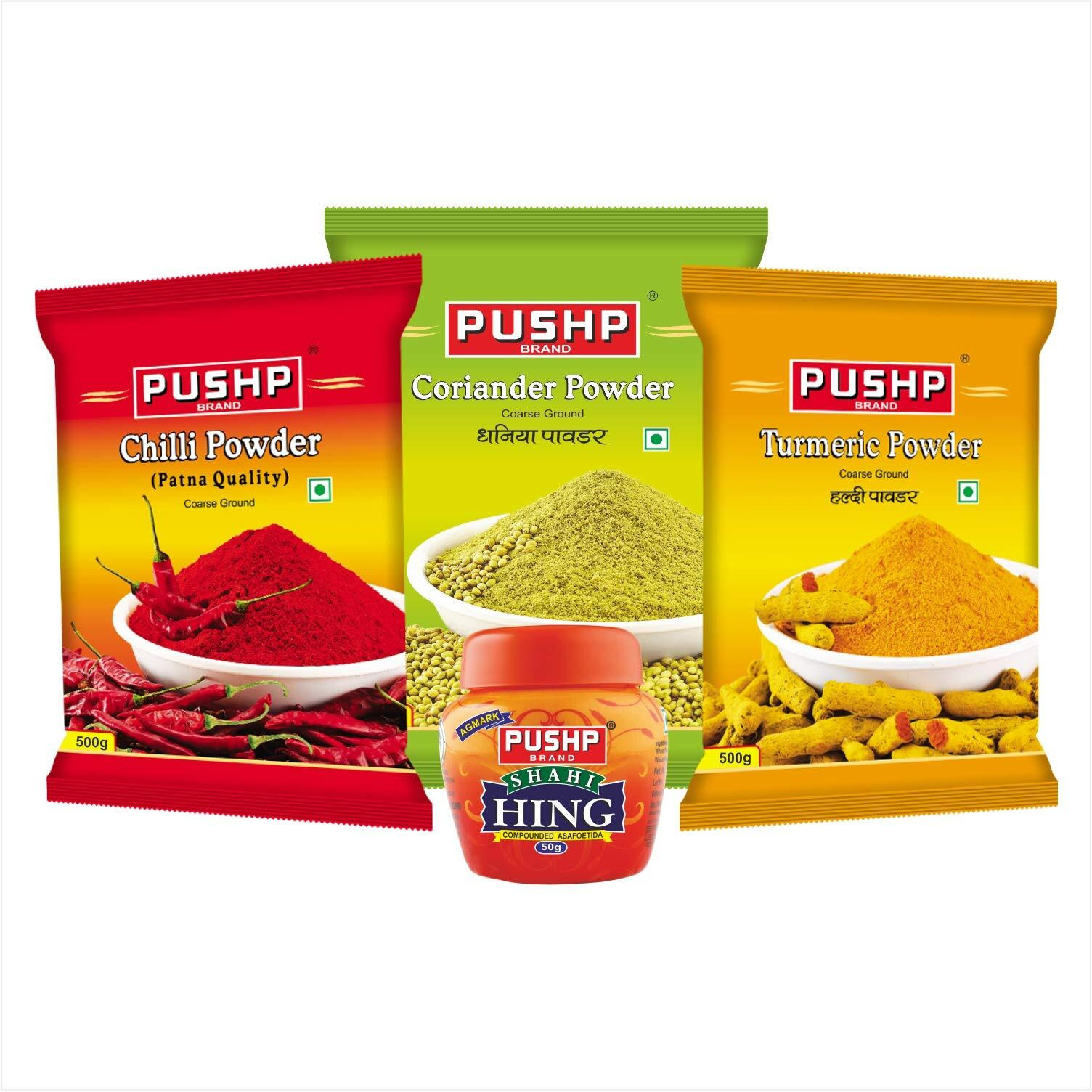 Pushp Brand Combo Pack (Chilli Powder 500g, Turmeric Powder 500g, Coriander Powder 500g,Hing 50g) - Combo Spices Pack