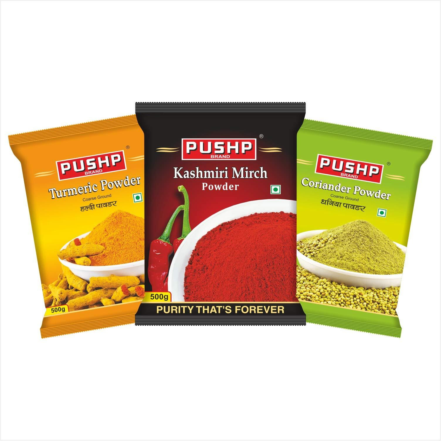 Pushp Brand Combo Pack 500g Each (Kashmiri Chilli Powder, Turmeric Powder, Coriander Powder)