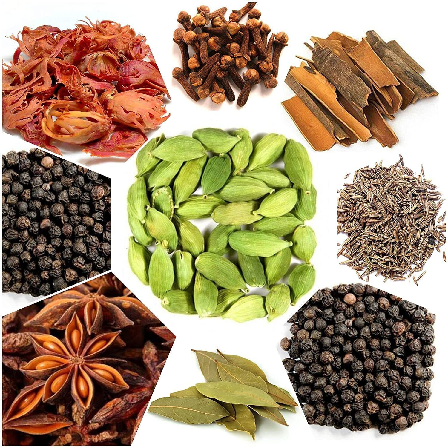 Dry Fruit Hub Whole Spices Combo Pack 650 Grams (Lawang 100gms,elaichi 100gms,dalchini 100gms,Shahi jeera 100gms,Starflower 50gms Bay Leaves 50gms) Whole Gram Masala Biryani Masala